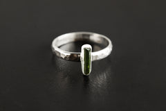 Vibrant Raw Vertical Set Green Tourmaline Ring, Sterling Silver, Hammer Textured & Shiny Half Round Band, Size 8 US Heart Chakra Libra/Virgo