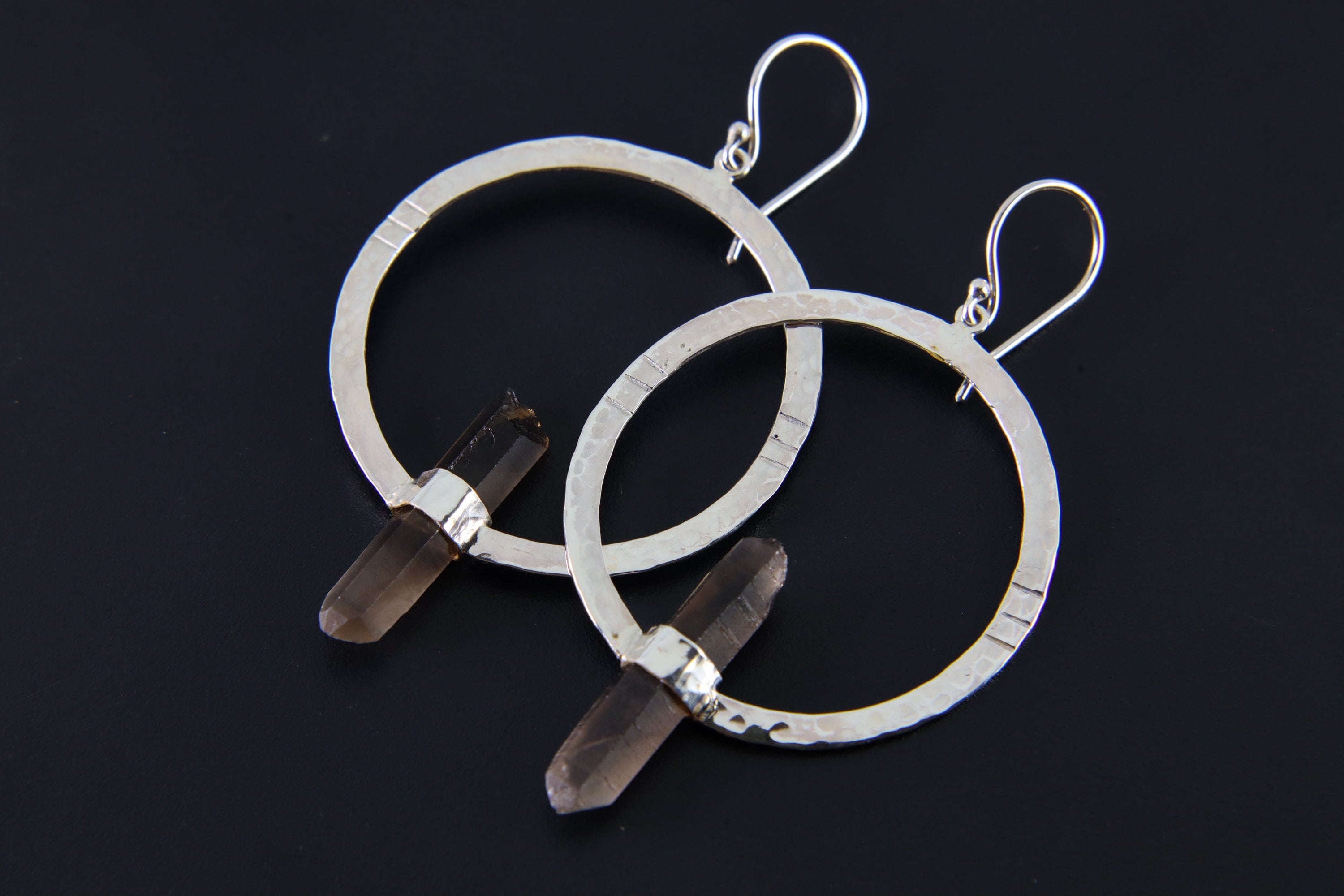 Fossicked Australian Smoky Quartz Point - Circle portal Setting - Oxidised & Textured - Sterling Silver - Hook Dangle Earrings