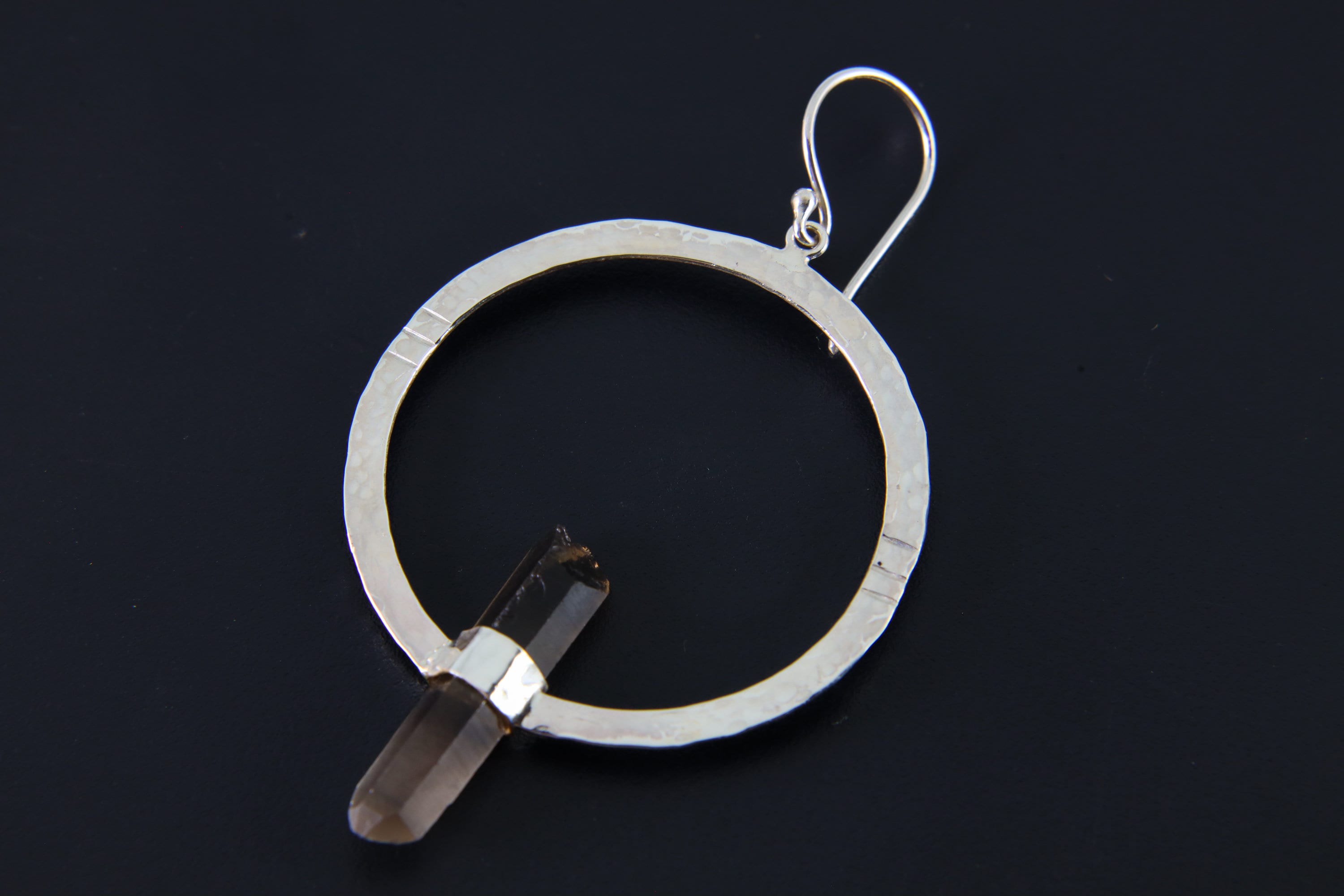 Fossicked Australian Smoky Quartz Point - Circle portal Setting - Oxidised & Textured - Sterling Silver - Hook Dangle Earrings