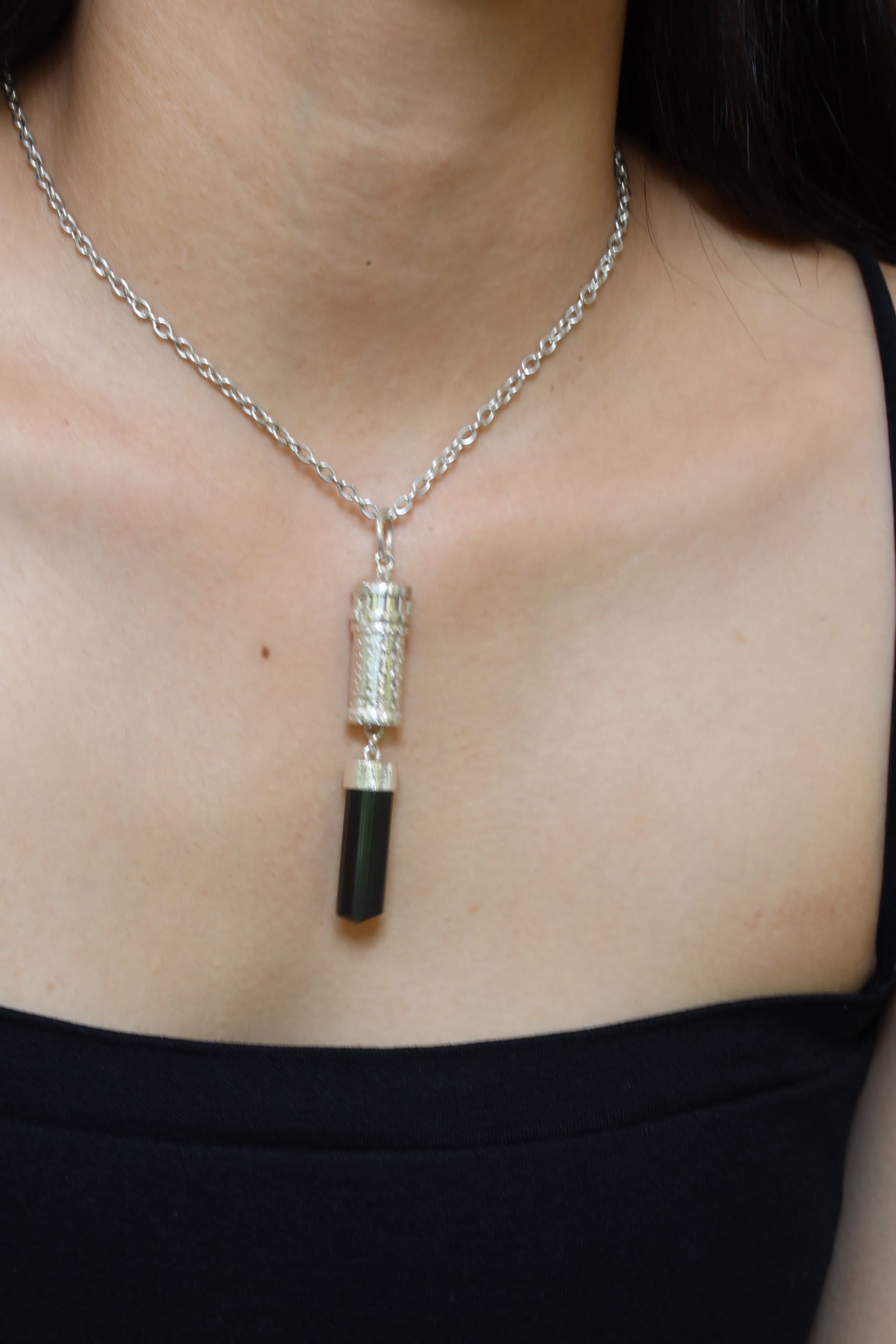 Dangeling Black Tourmaline - Solid Capsule Locket - Stash Urn - Textured & Sterling Silver Pendant