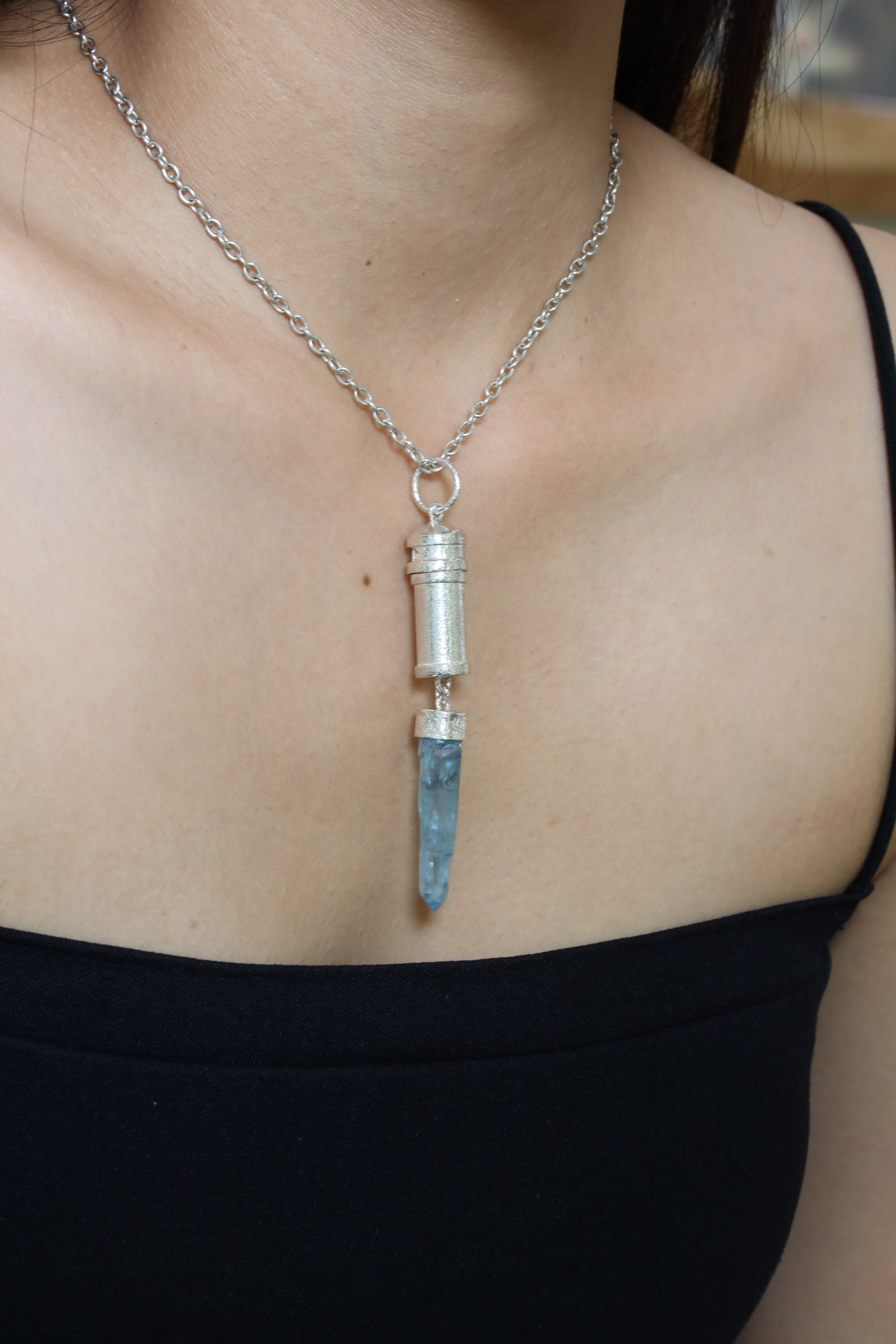 Dangling Aqua Aura Quartz Point - Sizable Solid Capsule Locket - Stash Urn - Textured & Sterling Silver Pendant