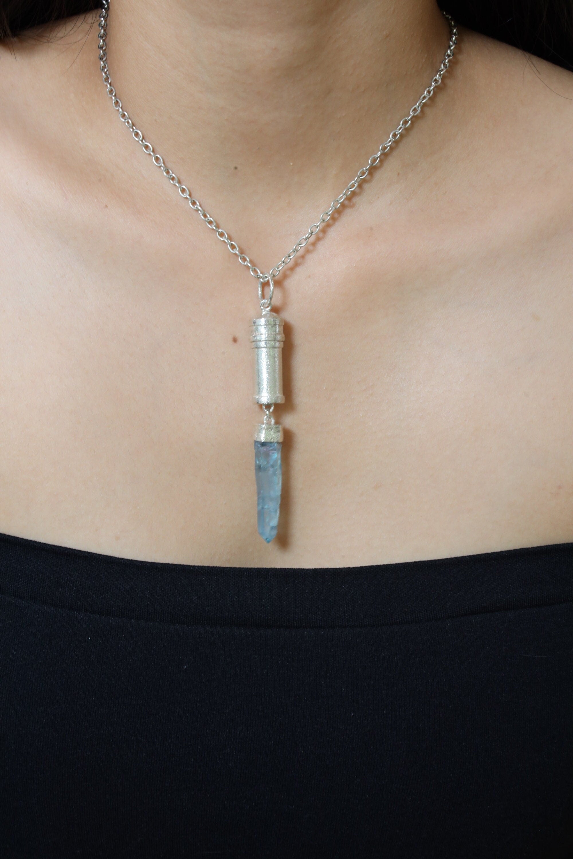 Dangling Aqua Aura Quartz Point - Sizable Solid Capsule Locket - Stash Urn - Textured & Sterling Silver Pendant