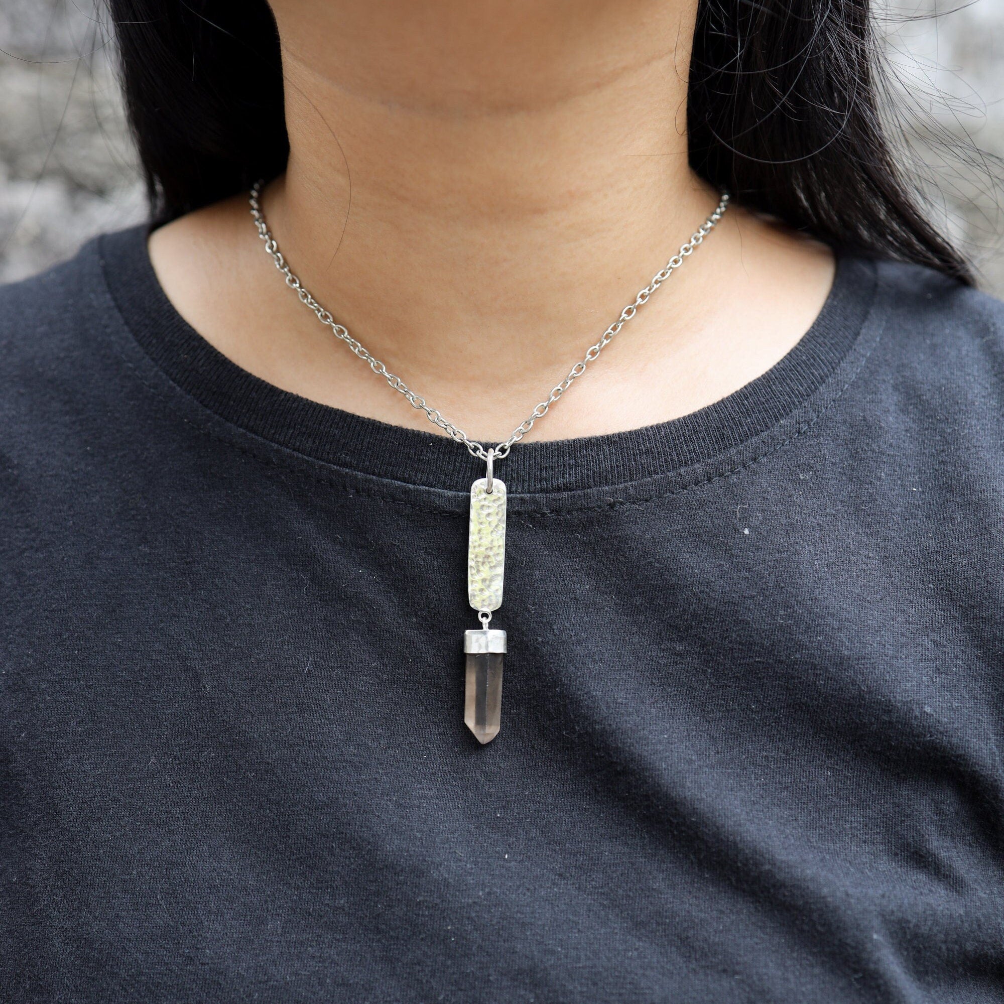 Luminous Shadow Citrine Portal Pendant: Smoky Citrine Window Quartz Point - Sterling Silver - Hammer Texture and Shiny Finish