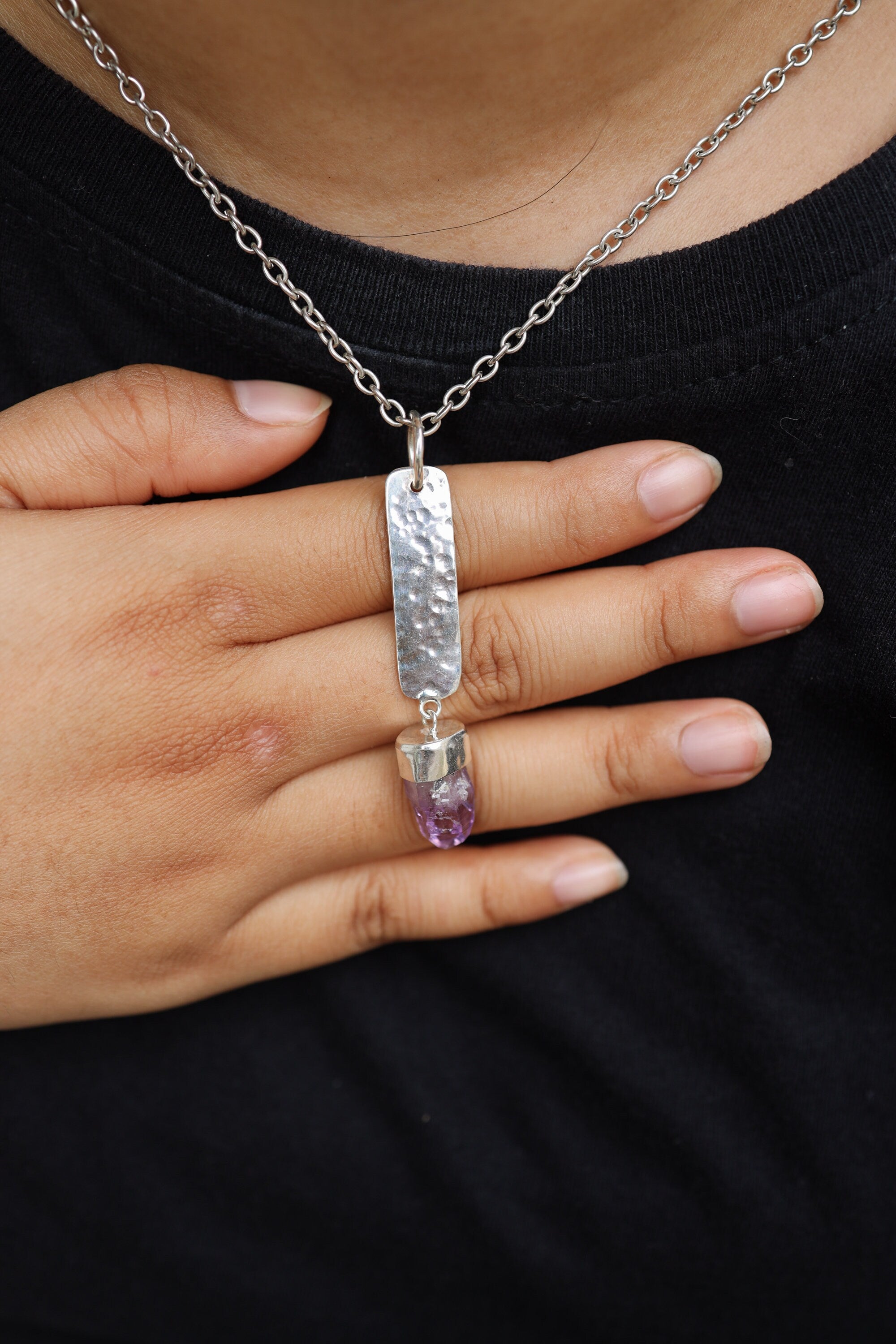 Vera Cruz Amethyst Pendant - Sterling Silver - Hammer Texture & Shiny Finish