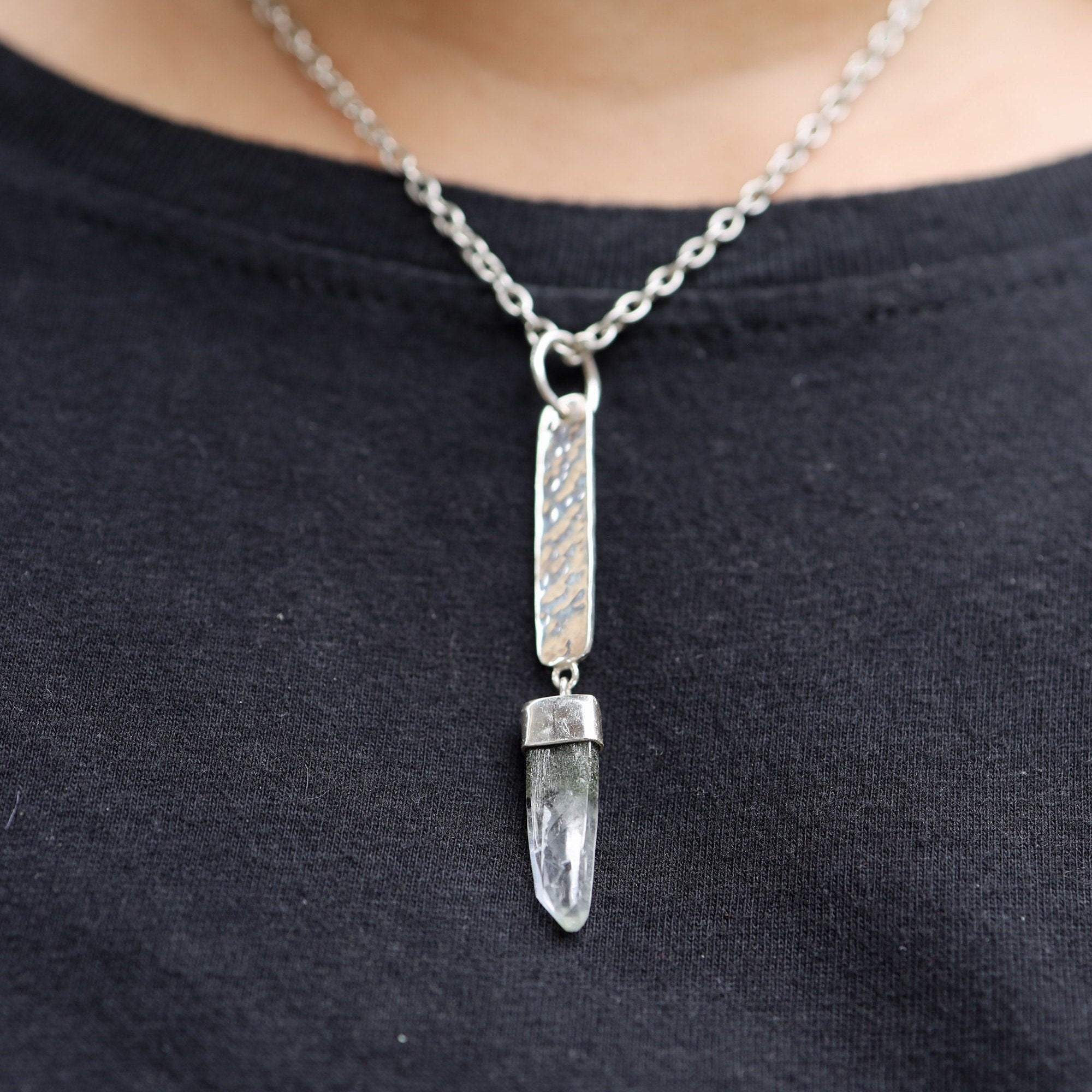 Himalayan Harmony Chloride Inclusion Laser Quartz Point Pendant - Sterling Silver - Hammer Texture & Shiny Finish