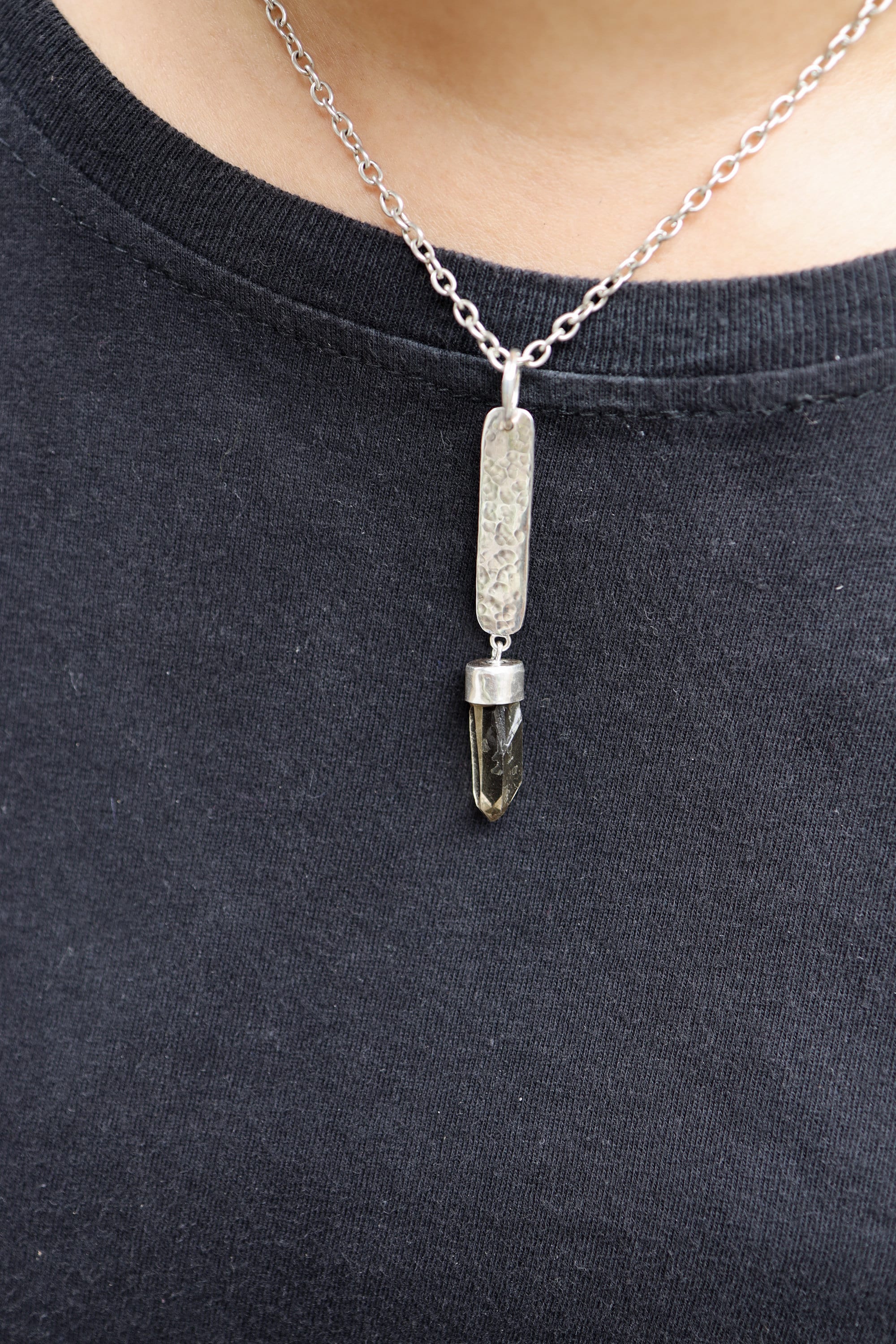 Sterling Silver Necklace with Hand Fossicked Citrine Quartz from Torrington, Hammered Dog Tag Pendant, Customizable, High Shine Finish