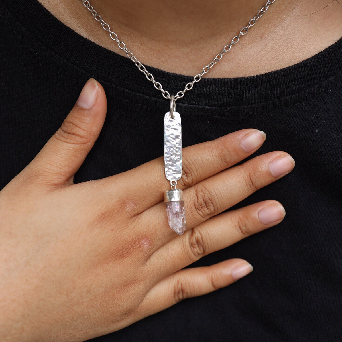 Vera Cruz Amethyst With anhydro Inclusions Pendant - Sterling Silver - Hammer Texture & Shiny Finish