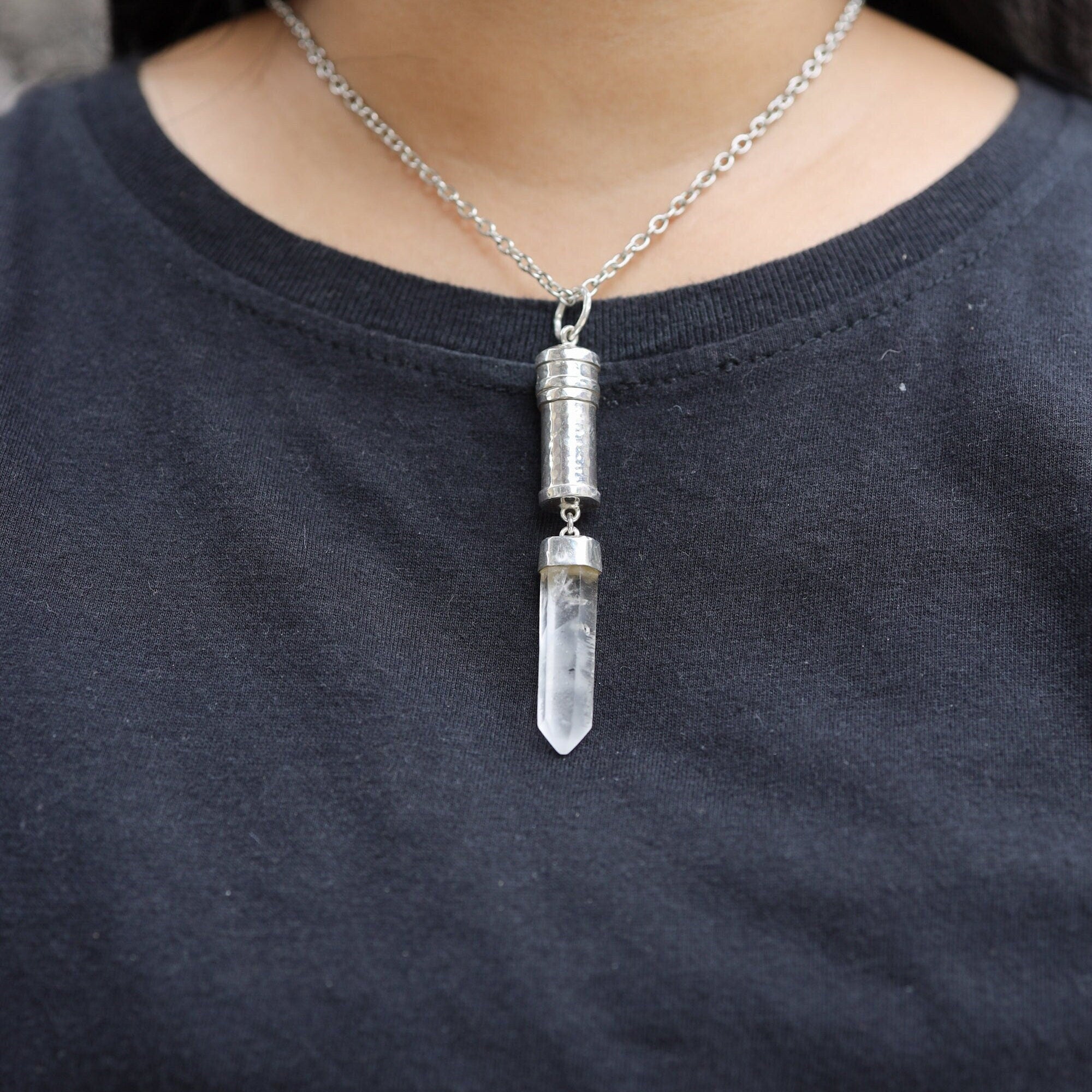 Sterling Silver Pendant with Dangling Australian Clear Quartz Point, Capsule Locket Necklace, Sand Textured, Stash Urn Charm