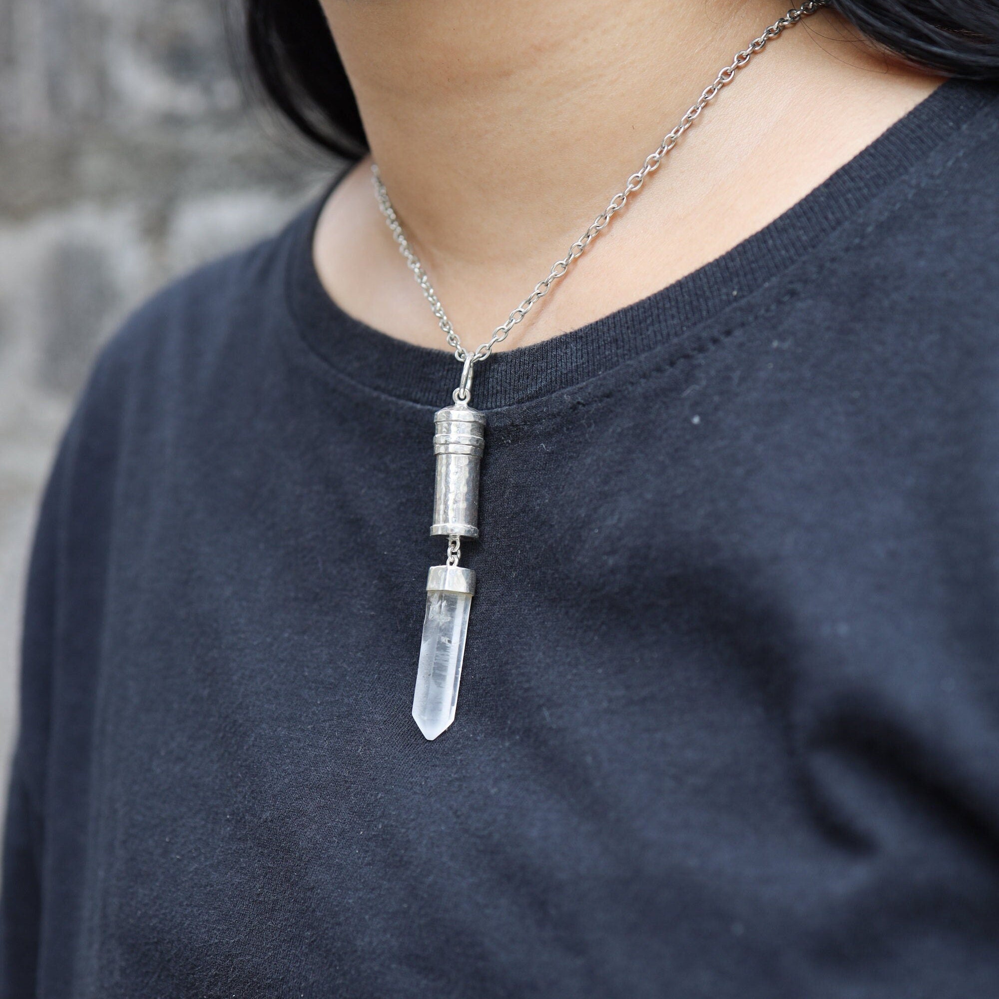 Sterling Silver Pendant with Dangling Australian Clear Quartz Point, Capsule Locket Necklace, Sand Textured, Stash Urn Charm