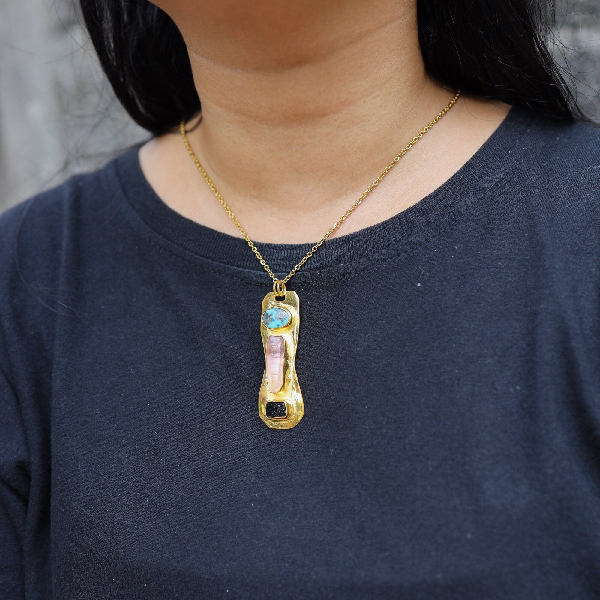 Turquoise, Vera Cruz Amethyst, Black Tourmaline - Brass Pendant - Gold Plated