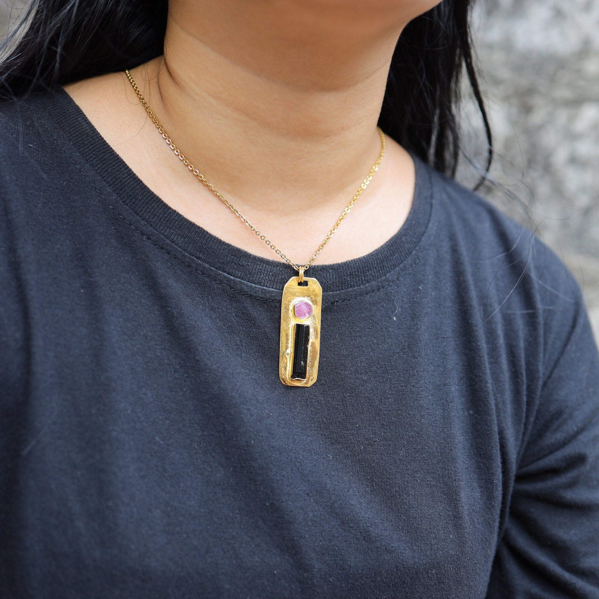 Ruby & Black Tourmaline - Brass Pendant - Gold Plated - Harmony and Contrast