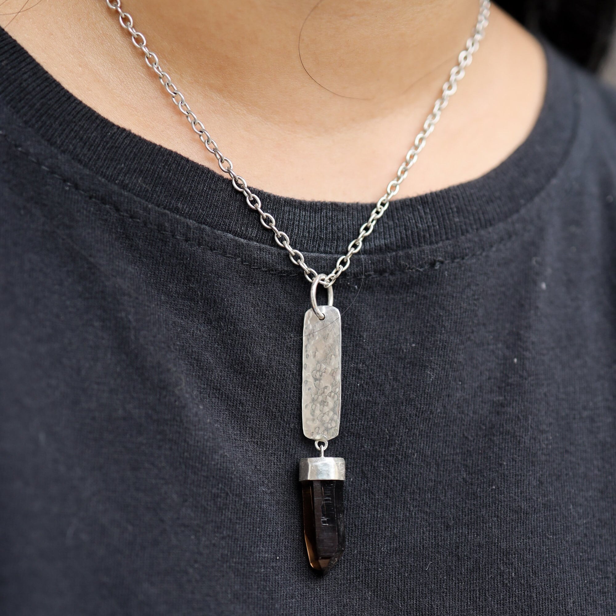 Smoky Quartz Point Pendant - Sterling Silver - Hammer Texture & Shiny Finish