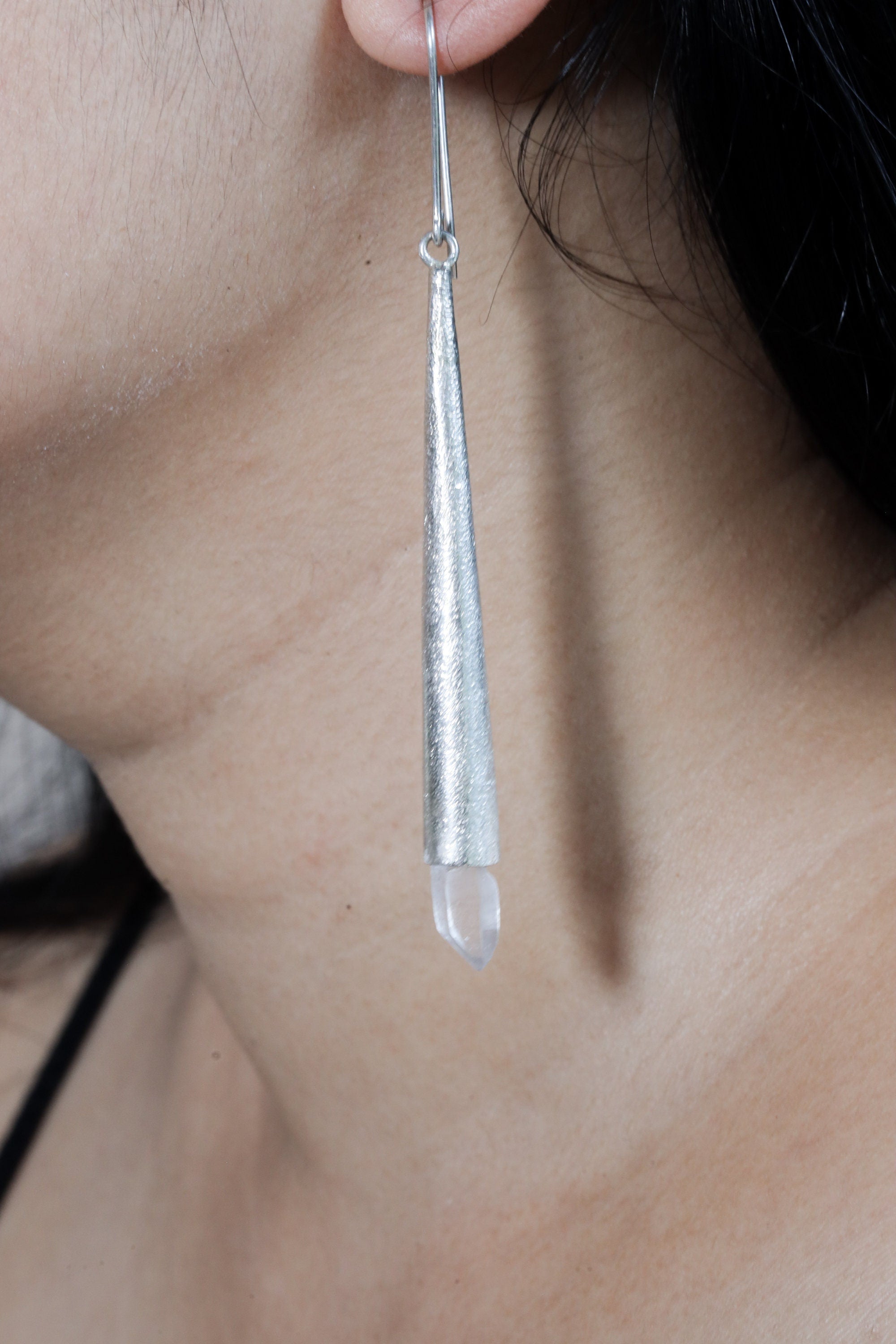 Sterling Silver Earrings with Lemurian Quartz Point Silver Spire Cones - High Shine Polish Sand Textured Finish - Enhances Energy & Healing