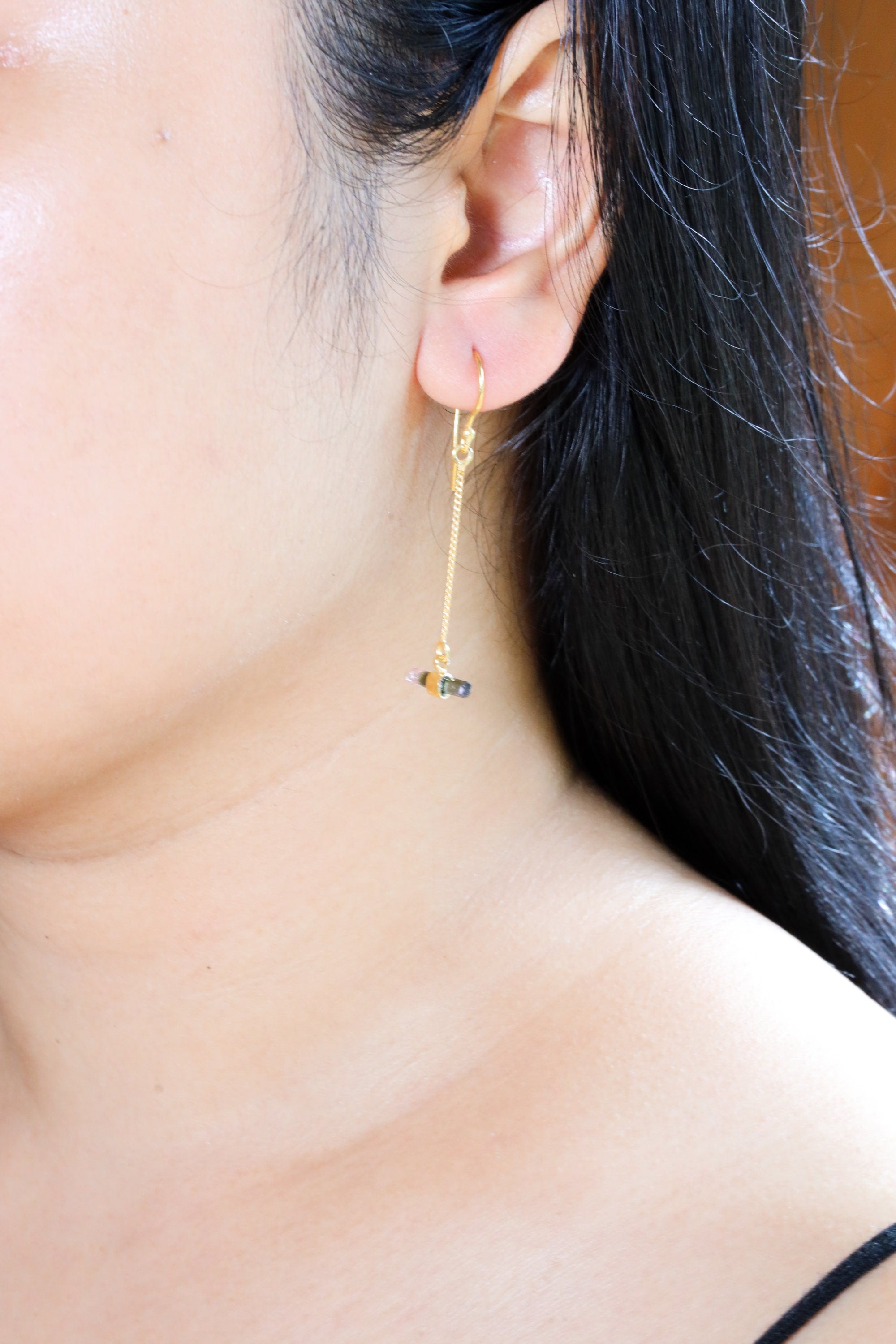 Individual Gold-Plated Sterling Silver Hook Earrings with Horizontal Set and Wrapped Watermelon Tourmaline Drops, Emotional Healing