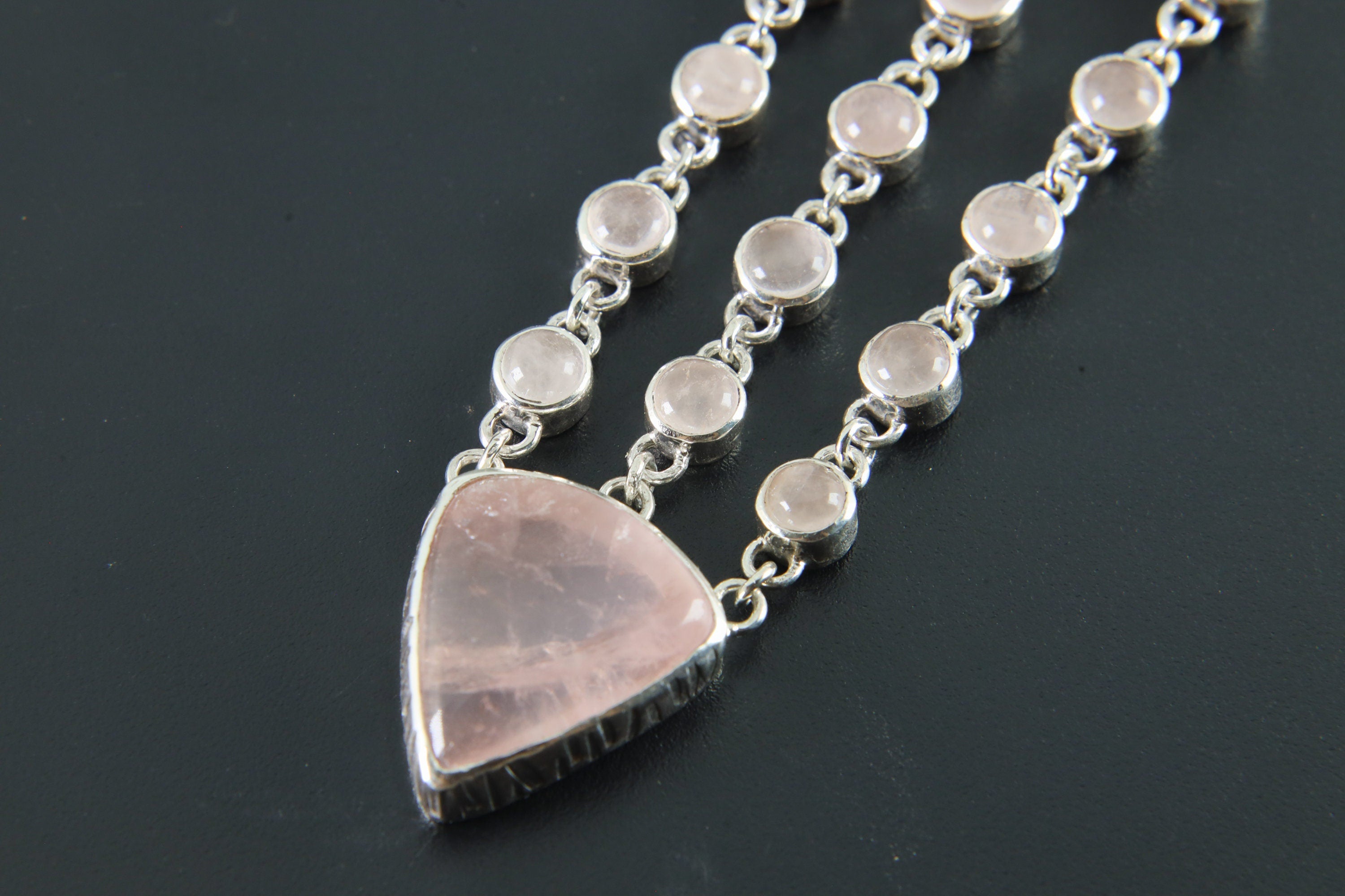 Sterling Silver Pendant Featuring Triangular Precious Tanzanite & Cascading Rose Quartz Buttons Rose Quartz Triangle 16inch Adjustable Chain