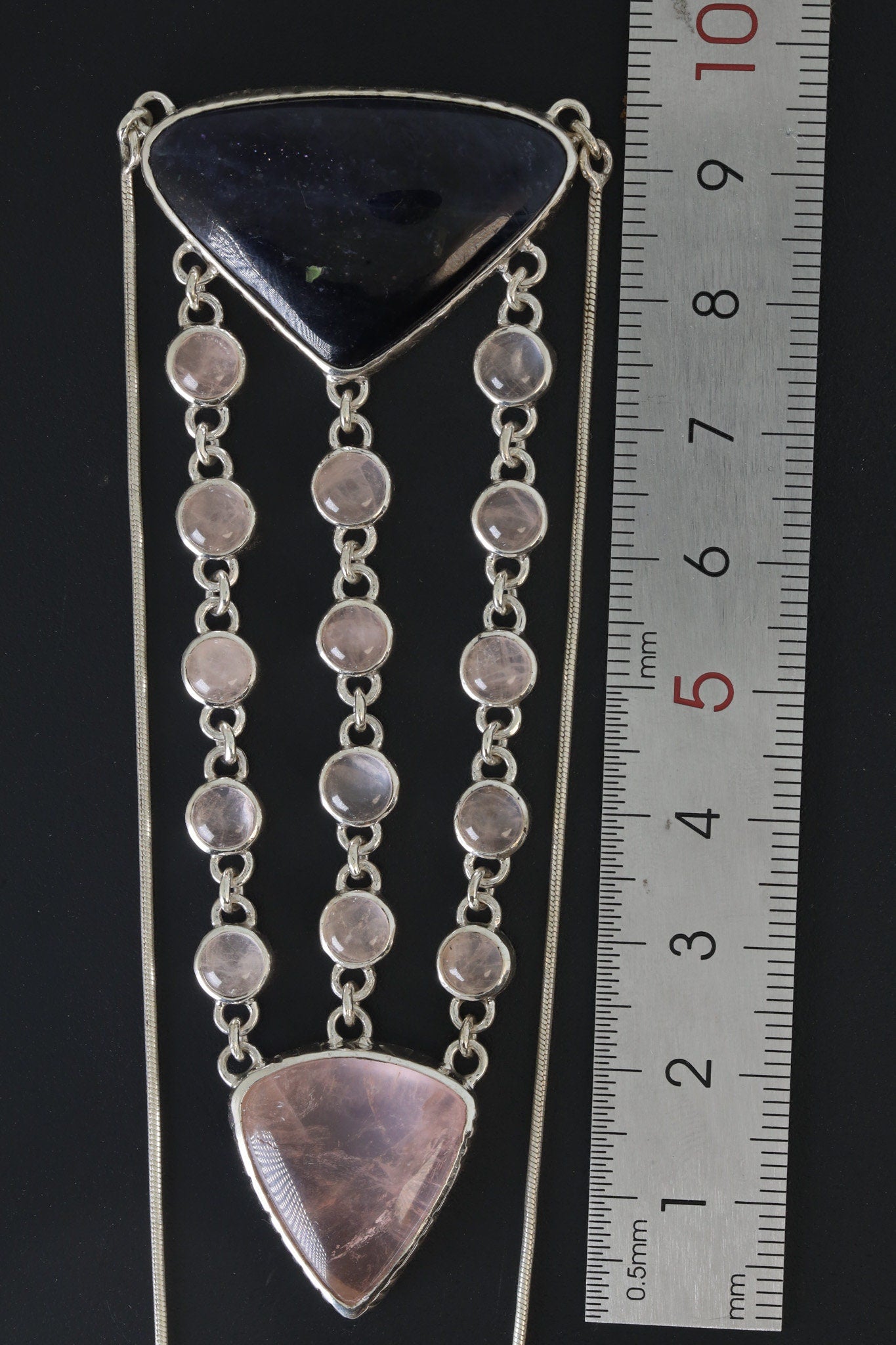 Sterling Silver Pendant Featuring Triangular Precious Tanzanite & Cascading Rose Quartz Buttons Rose Quartz Triangle 16inch Adjustable Chain