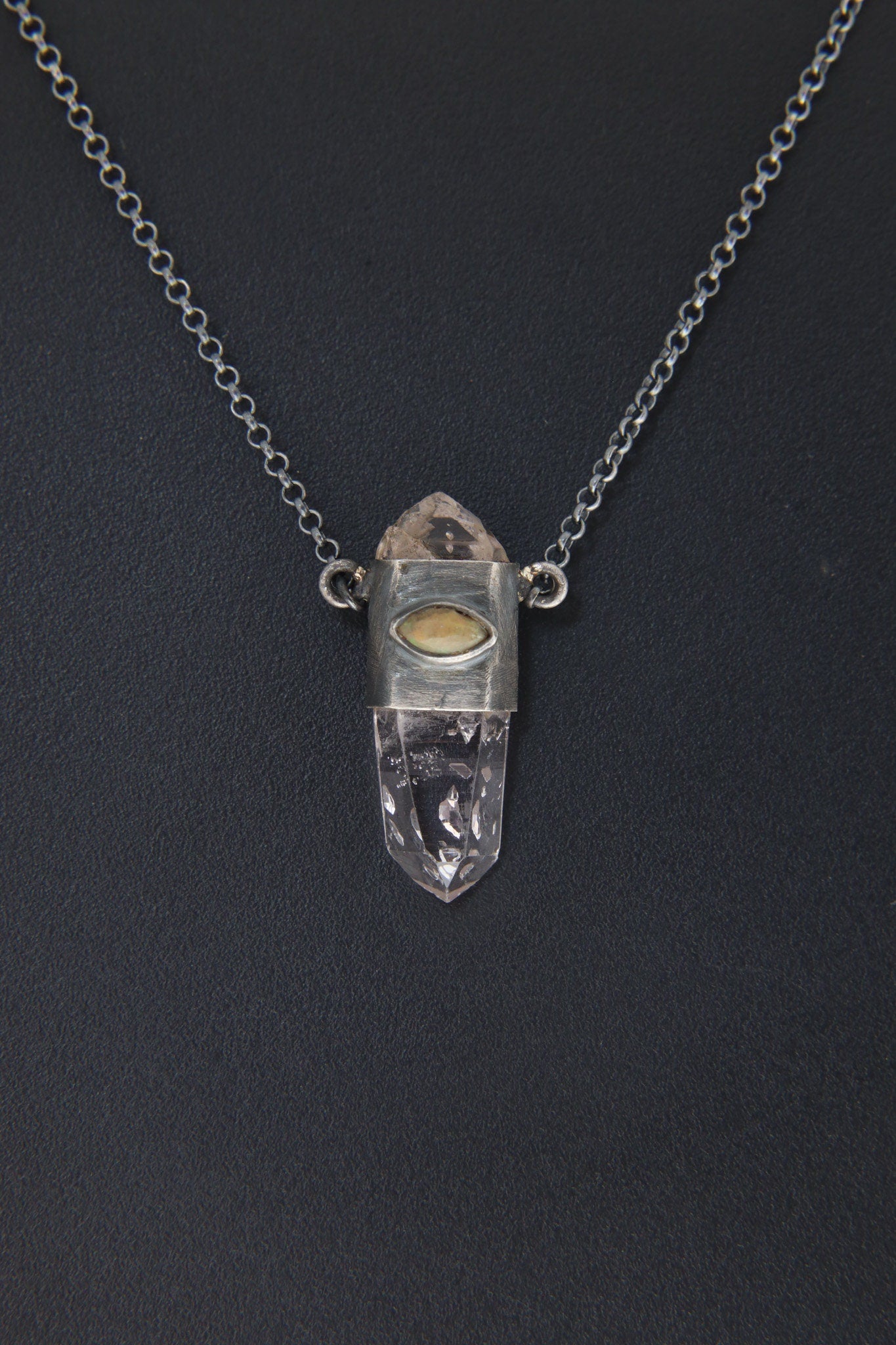 Double Terminated Vera Cruz Anhydro Amethyst, Cats Eye Faceted Ethiopian Opal - Oxidised & Textured Sterling Silver Crystal Pendant