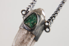 Link Chain Necklace Vera Cruz Anhydro Amethyst & Large Raw Australian Gem Emerald Textured Oxidized Sterling Silver Pendant, Wrapped Crystal