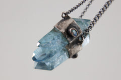 Twin DT Aqua Aura Quartz Point, Ethiopian Opal & Blue Moonstone Pendant Textured and Oxidized Sterling Silver, Wrapped Crystal 16-Inch Chain