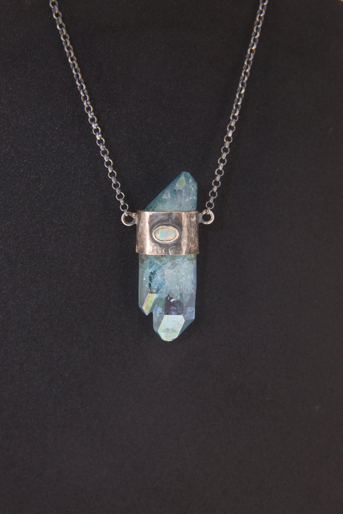 Twin DT Aqua Aura Quartz Point, Ethiopian Opal & Blue Moonstone Pendant Textured and Oxidized Sterling Silver, Wrapped Crystal 16-Inch Chain