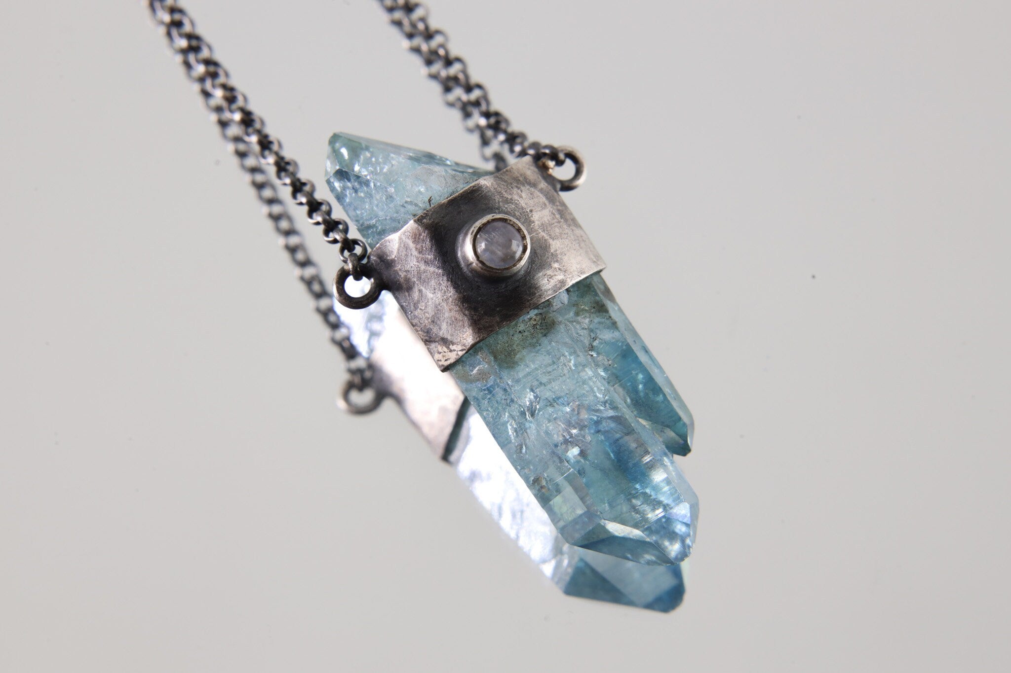 Twin DT Aqua Aura Quartz Point, Ethiopian Opal & Blue Moonstone Pendant Textured and Oxidized Sterling Silver, Wrapped Crystal 16-Inch Chain