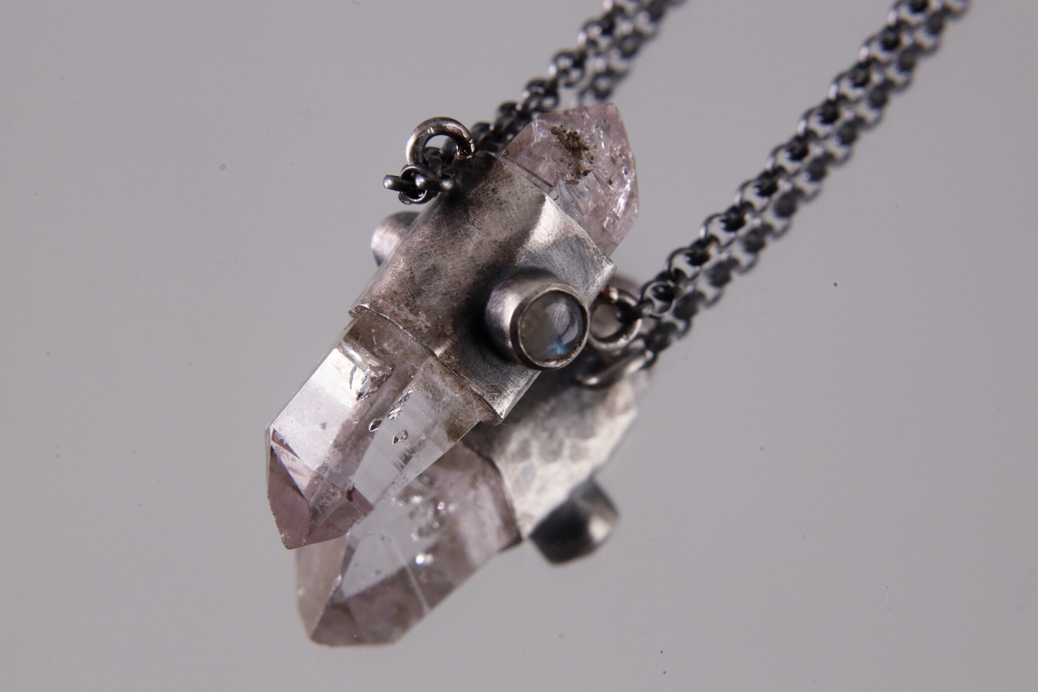 DT Vera Cruz Amethyst, Ethiopian Opal & Blue Moonstone Pendant -Textured and Oxidized Sterling Silver - Wrapped Crystal - 16-Inch Link Chain