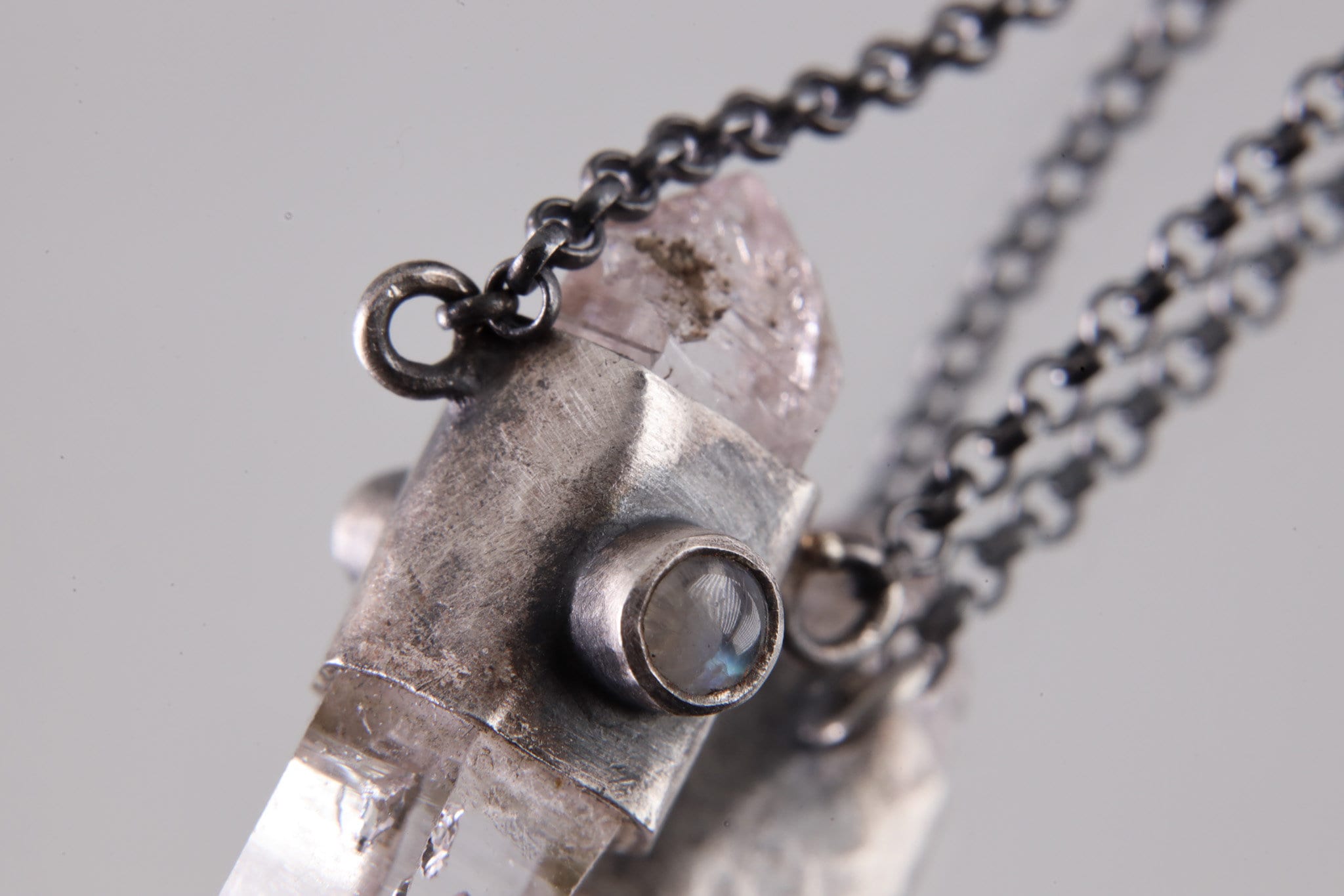 DT Vera Cruz Amethyst, Ethiopian Opal & Blue Moonstone Pendant -Textured and Oxidized Sterling Silver - Wrapped Crystal - 16-Inch Link Chain