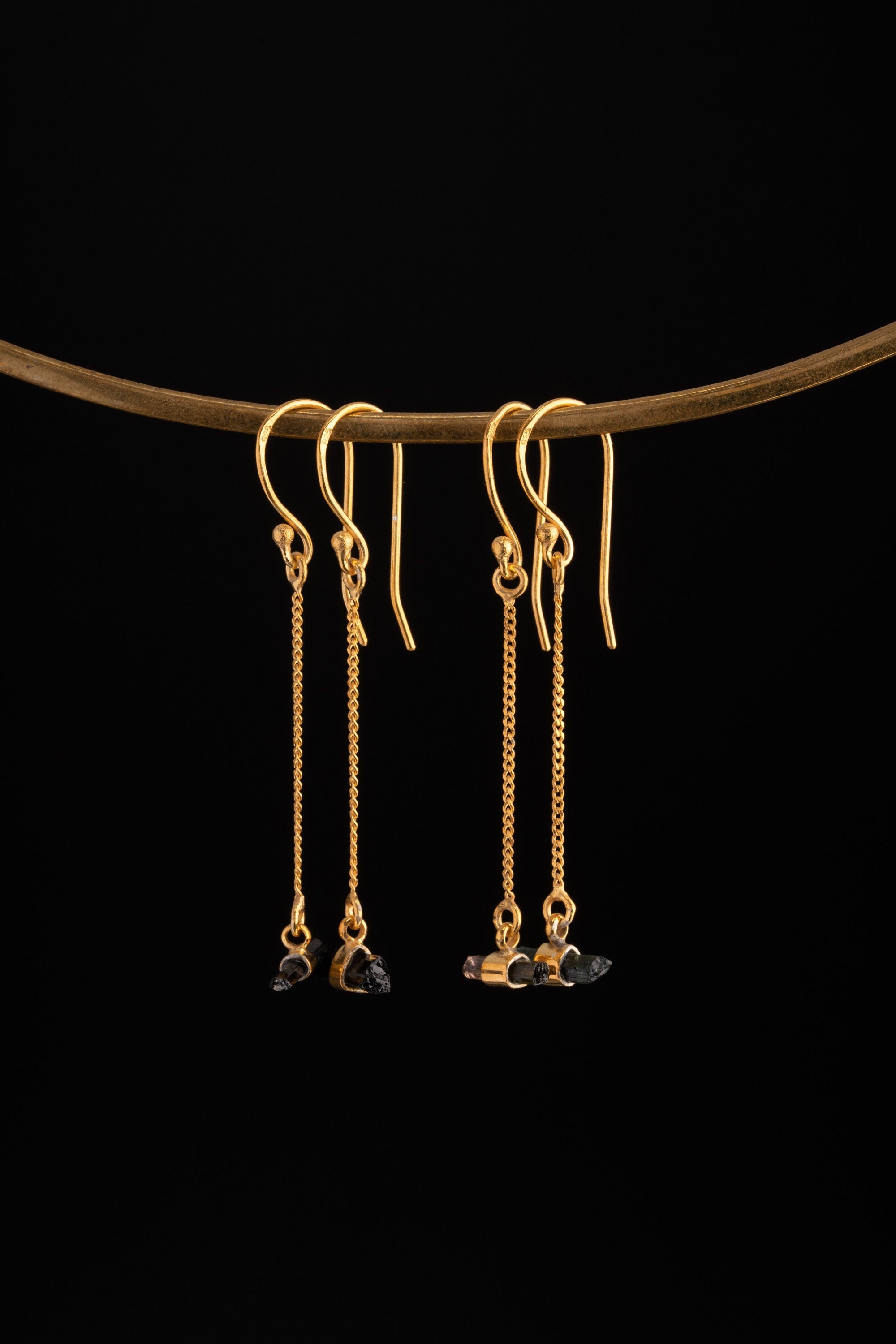 Individual Gold-Plated Sterling Silver Hook Earrings with Horizontal Set and Wrapped Watermelon Tourmaline Drops, Emotional Healing