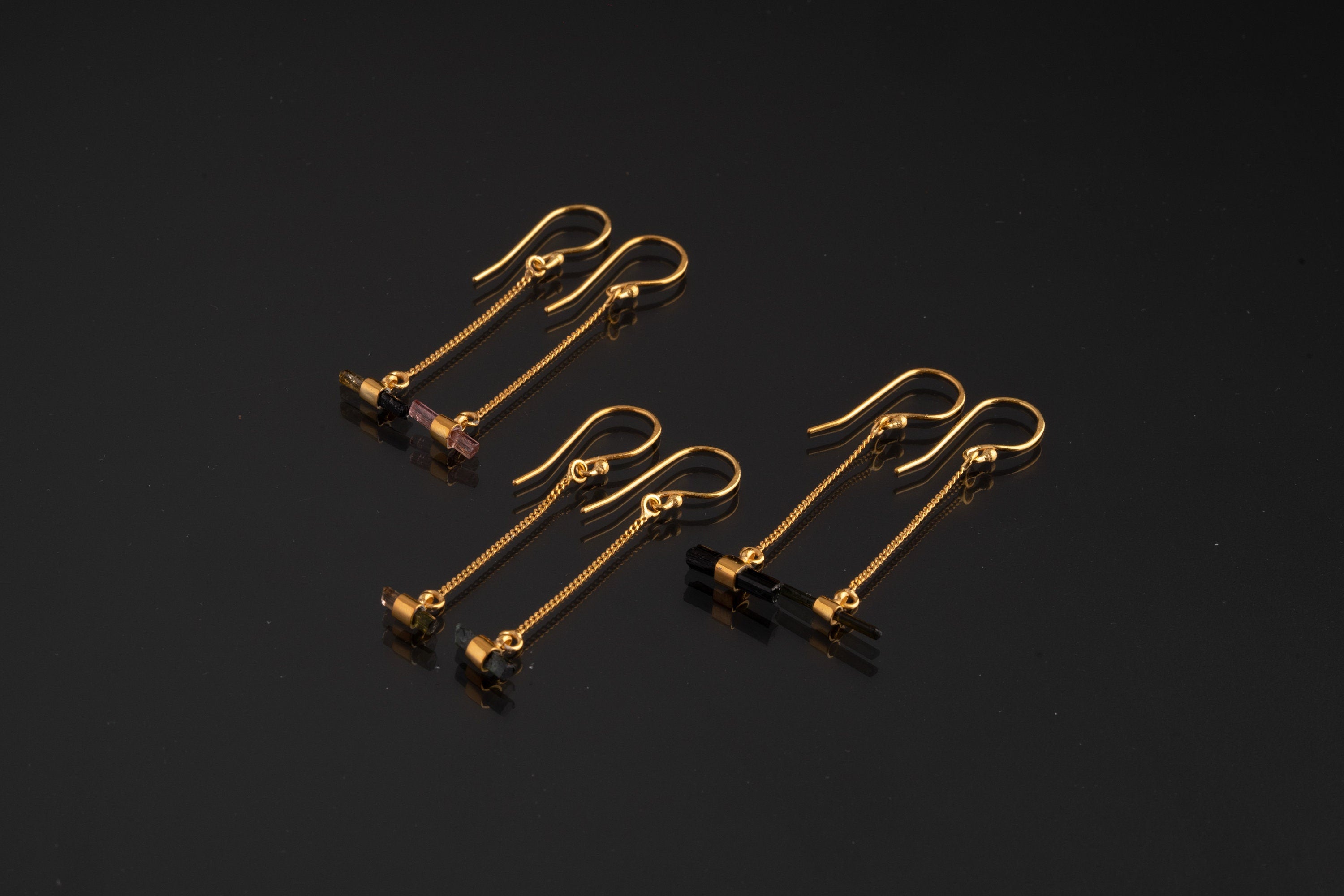 Individual Gold-Plated Sterling Silver Hook Earrings with Horizontal Set and Wrapped Watermelon Tourmaline Drops, Emotional Healing