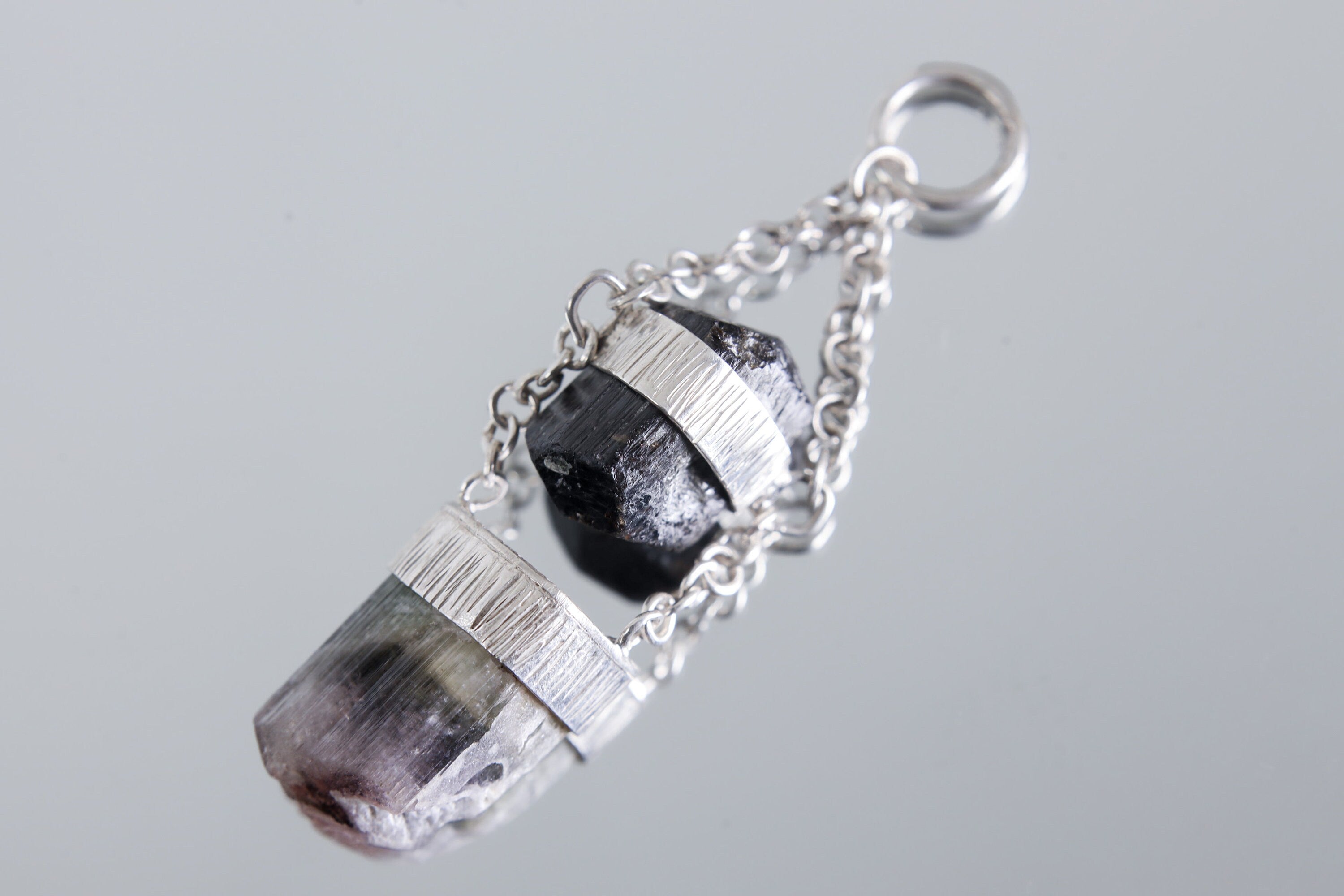 Black Tourmaline & Watermelon Tourmaline Pendant with Specialty Chain - Sterling Silver Crystal Pendant