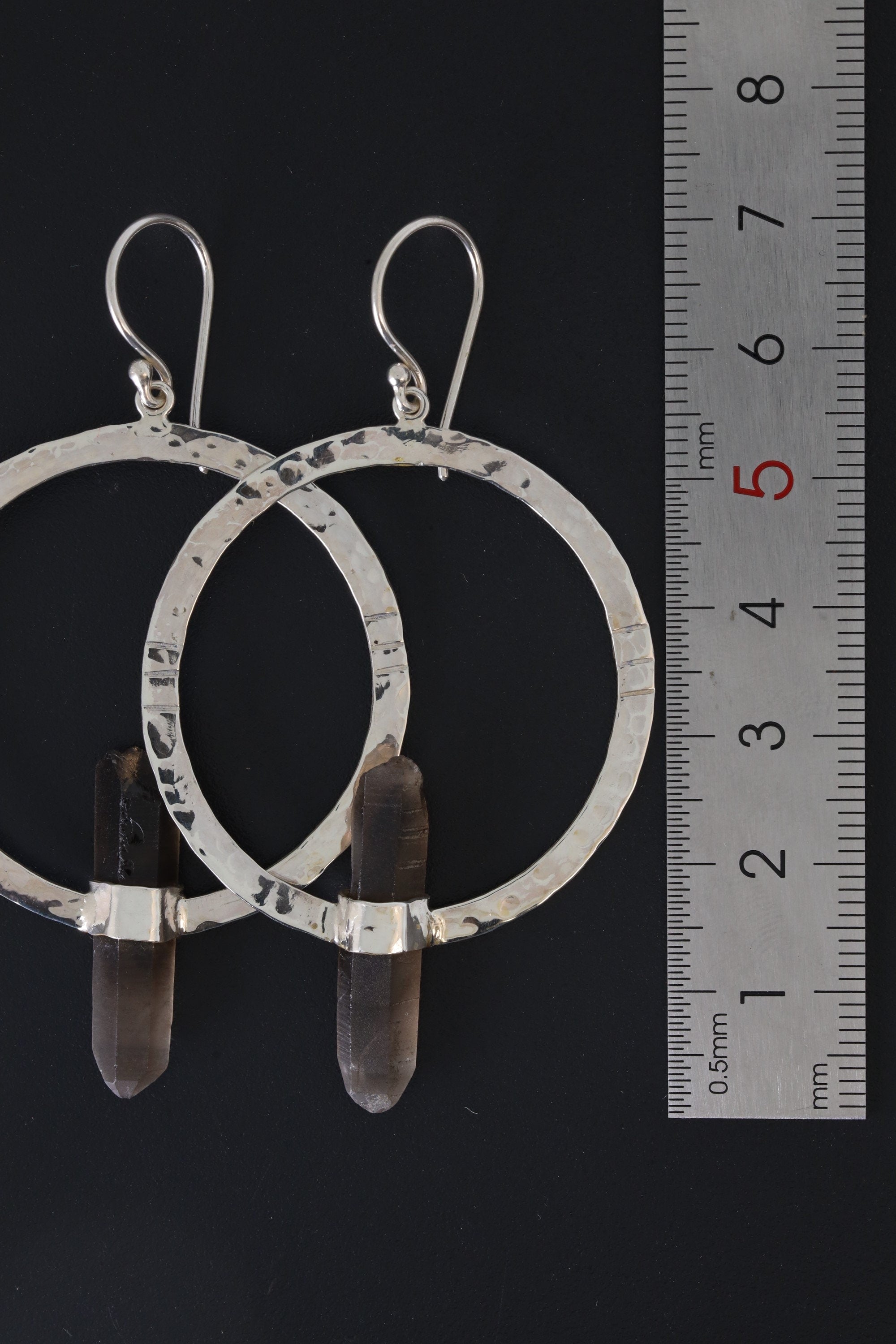 Fossicked Australian Smoky Quartz Point - Circle portal Setting - Oxidised & Textured - Sterling Silver - Hook Dangle Earrings