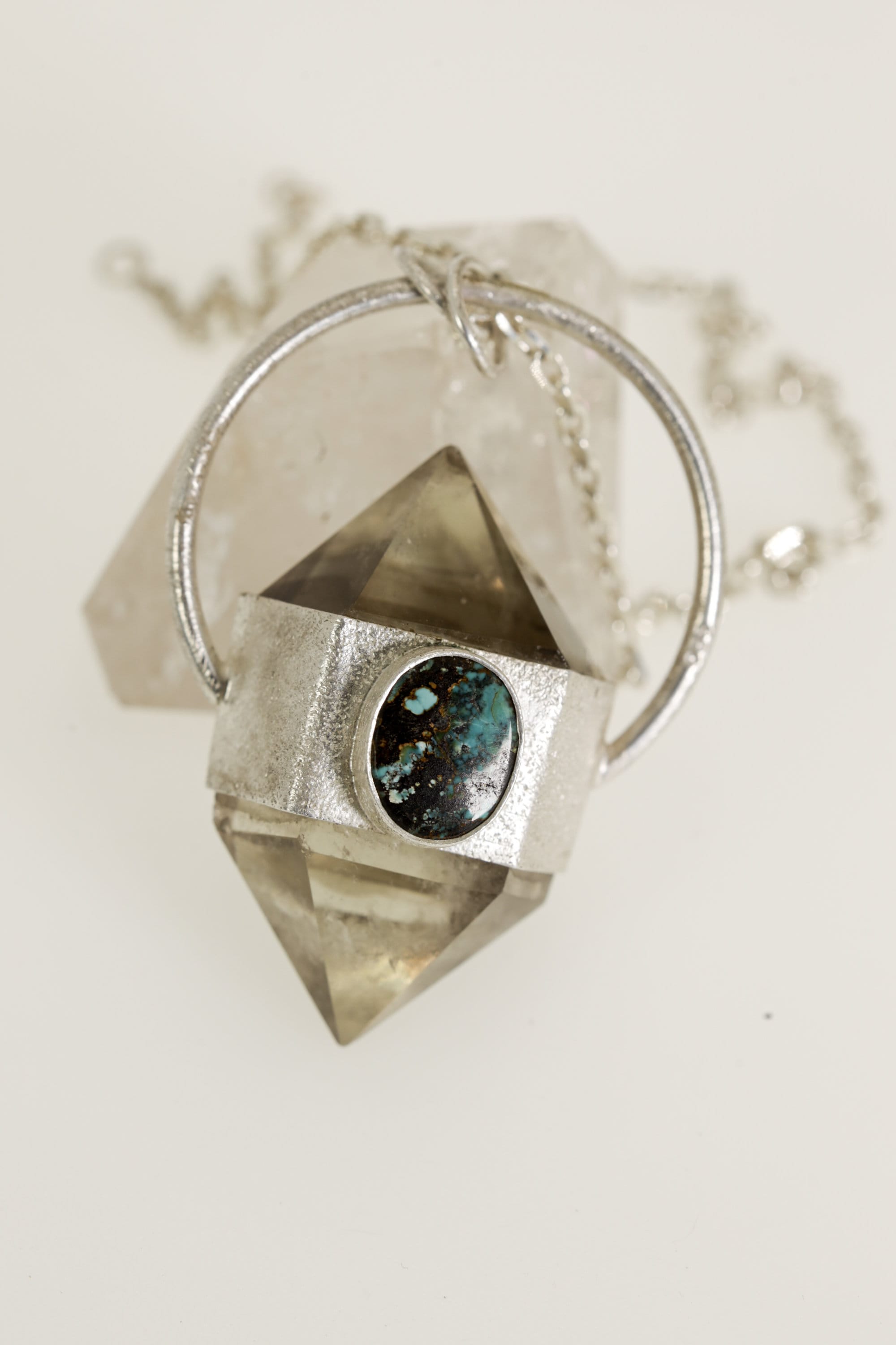 Sterling Silver Wrapped Pendant with Sand-Textured Oval, Cut Double Terminated Citrine Generator Quartz Crystal & Two Oval Tibetan Turquoise