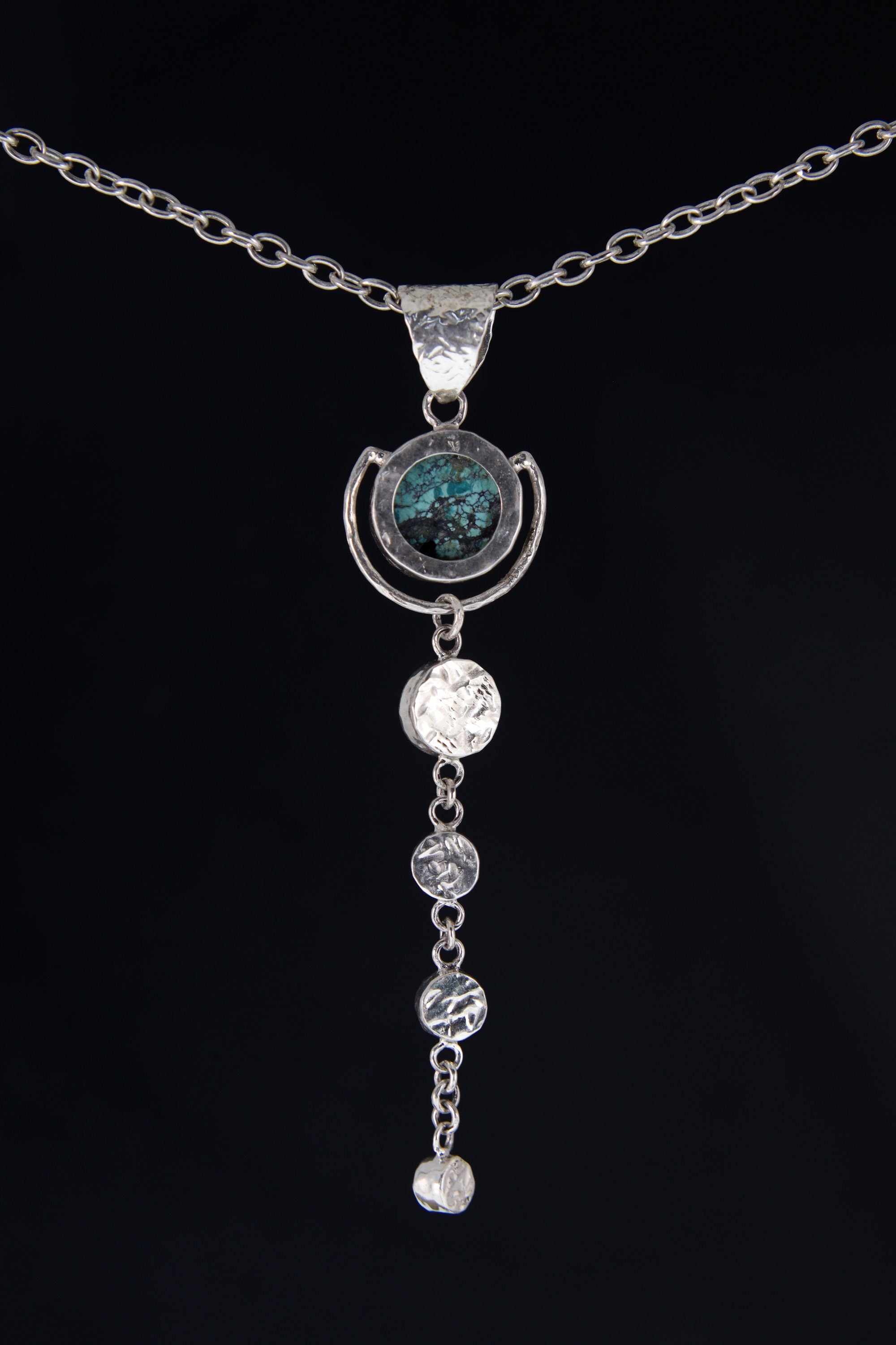 Sterling Silver Pendant with Round Turquoise, Orbital Dangling Moonstones, Aquamarine Textured Finish, Balance & Spiritual Awareness