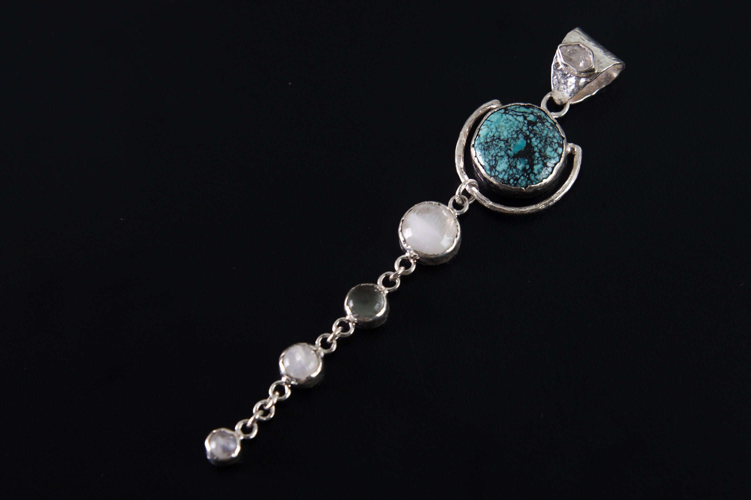 Sterling Silver Pendant with Round Turquoise, Orbital Dangling Moonstones, Aquamarine Textured Finish, Balance & Spiritual Awareness