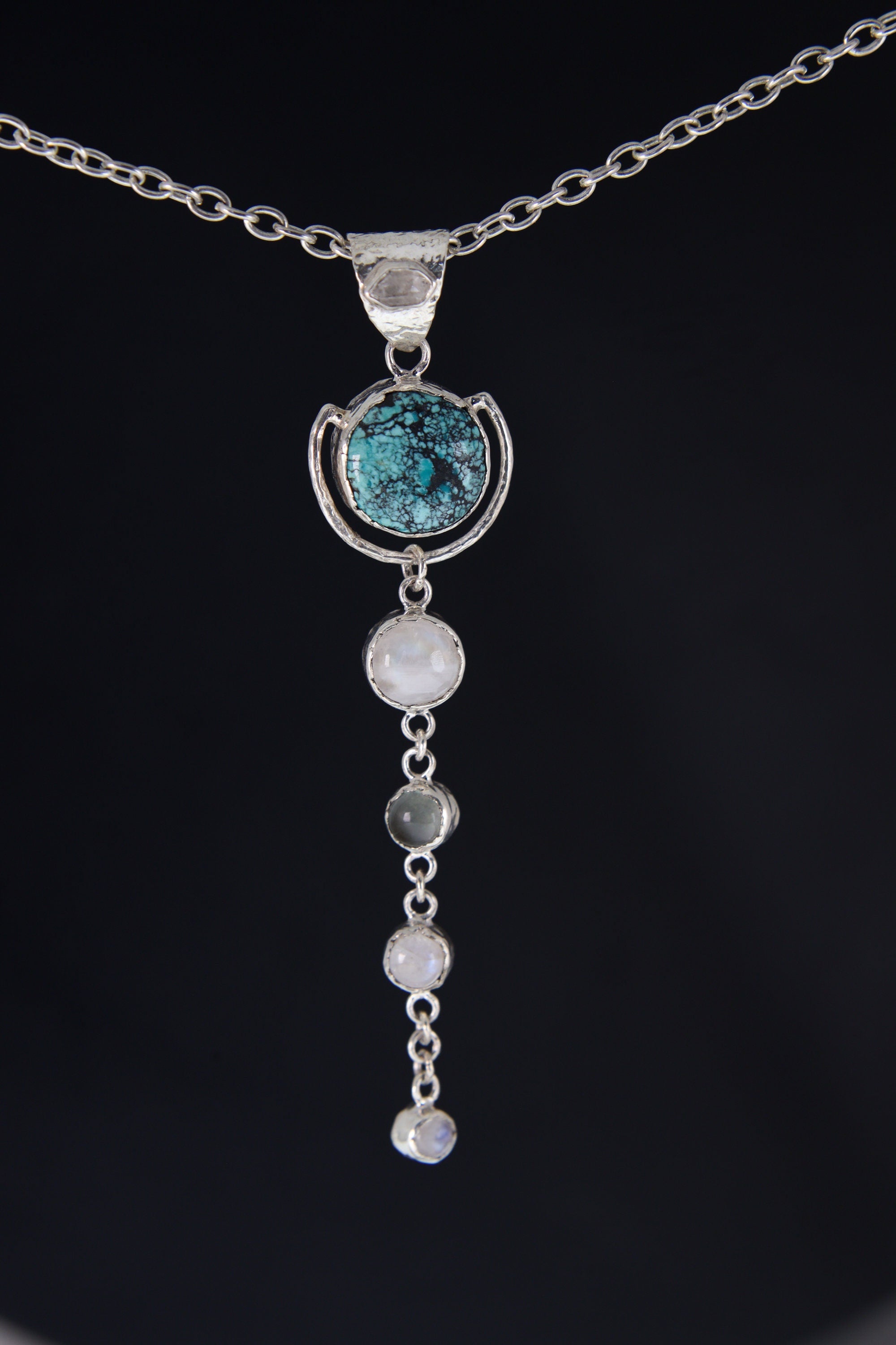 Sterling Silver Pendant with Round Turquoise, Orbital Dangling Moonstones, Aquamarine Textured Finish, Balance & Spiritual Awareness