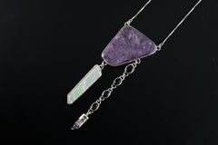 AA Charoite with Dangling Angel Aura DT Quartz & Amethyst Chain, Vera Cruz Point Pendant, Sterling Silver, 16-Inch crystal Necklace