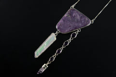 AA Charoite with Dangling Angel Aura DT Quartz & Amethyst Chain, Vera Cruz Point Pendant, Sterling Silver, 16-Inch crystal Necklace