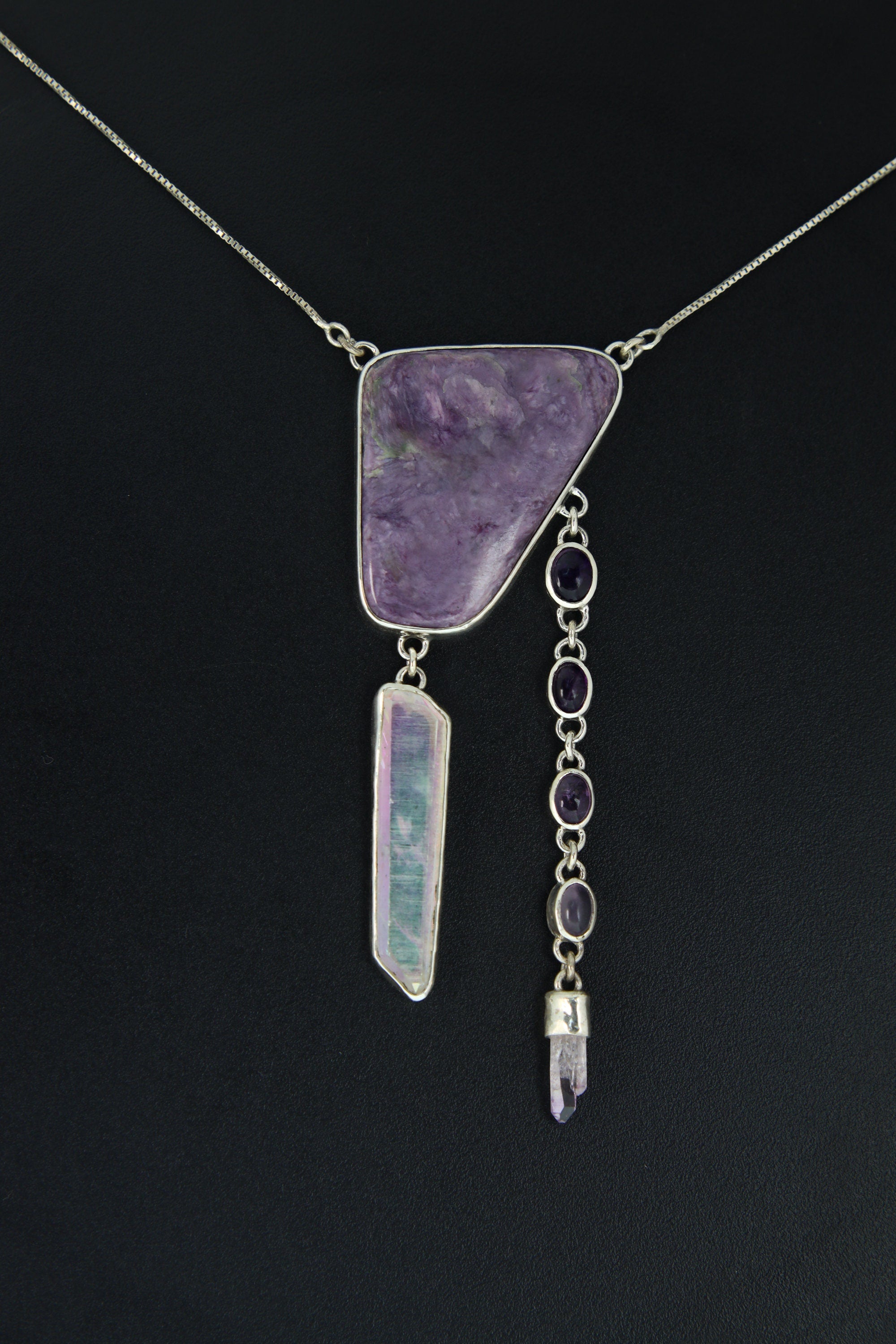 AA Charoite with Dangling Angel Aura DT Quartz & Amethyst Chain, Vera Cruz Point Pendant, Sterling Silver, 16-Inch crystal Necklace