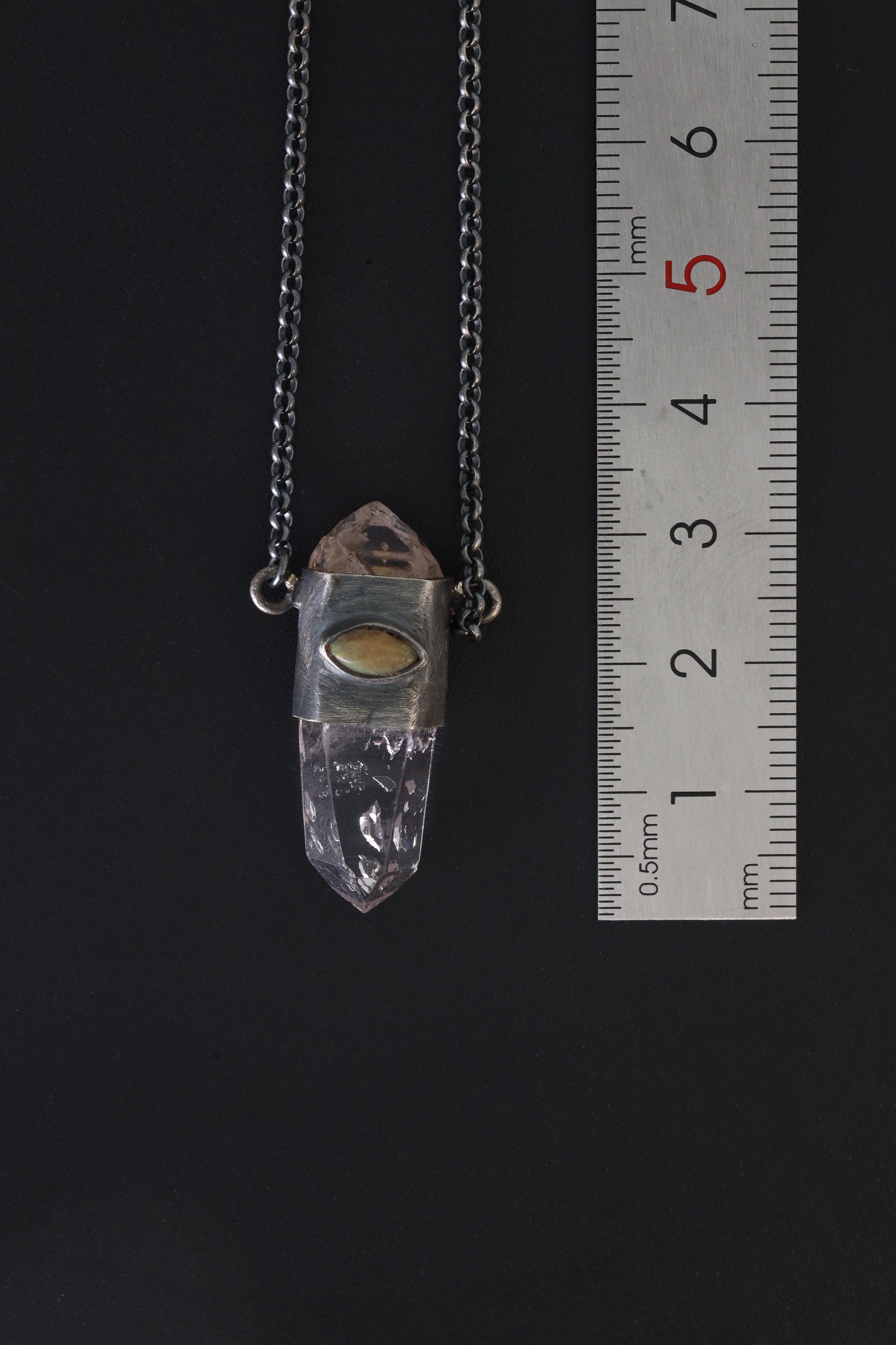 Double Terminated Vera Cruz Anhydro Amethyst, Cats Eye Faceted Ethiopian Opal - Oxidised & Textured Sterling Silver Crystal Pendant