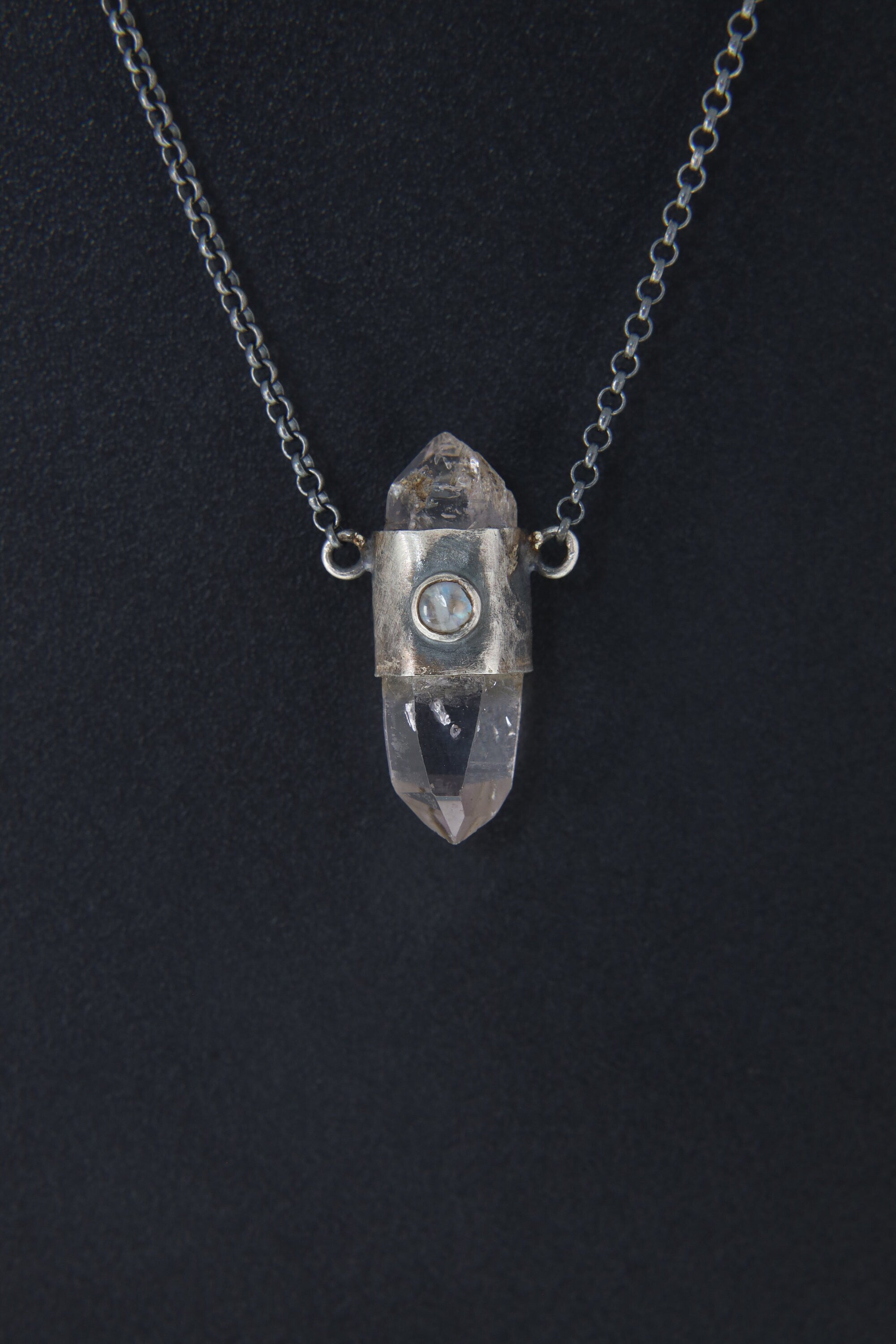 DT Vera Cruz Amethyst, Ethiopian Opal & Blue Moonstone Pendant -Textured and Oxidized Sterling Silver - Wrapped Crystal - 16-Inch Link Chain