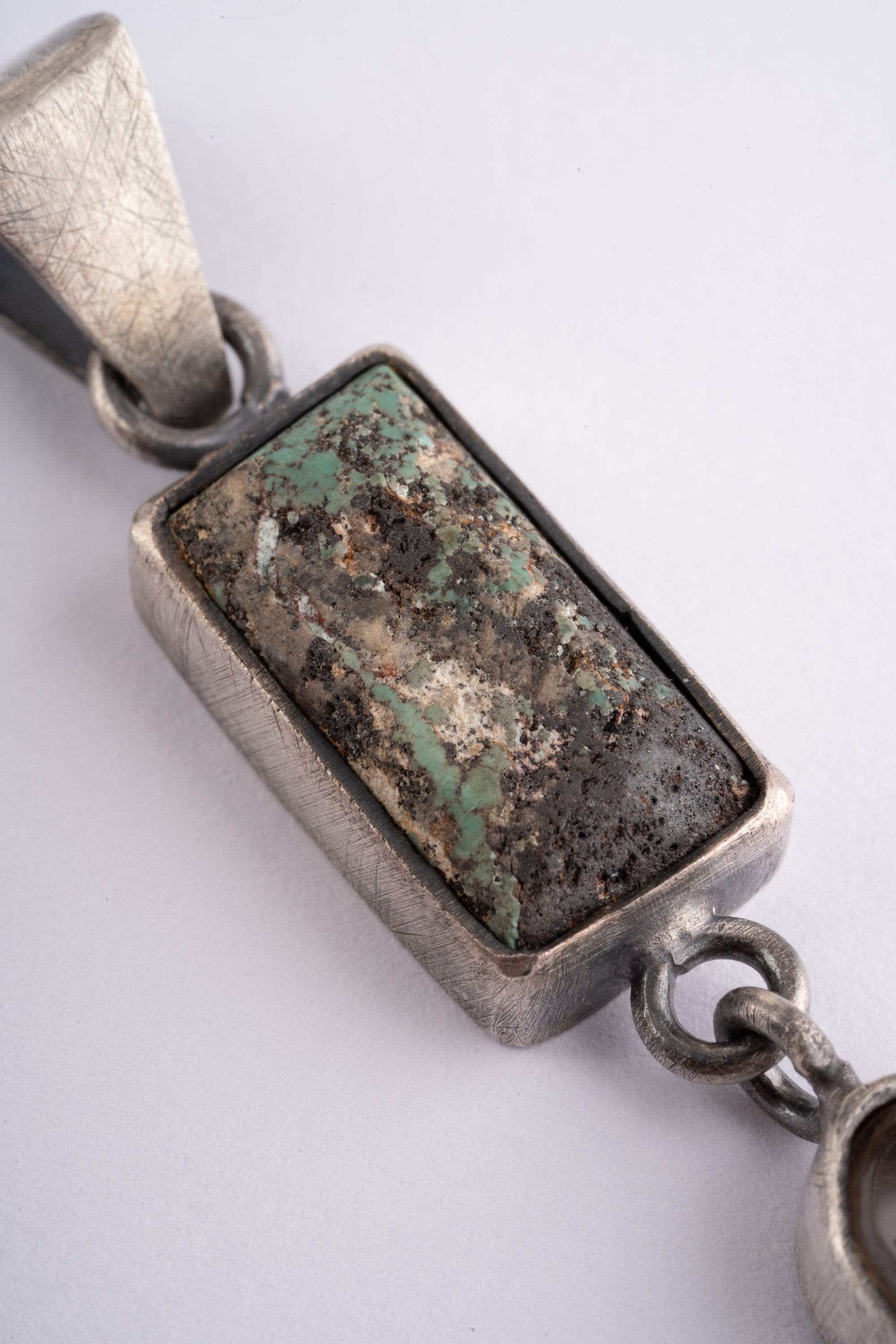 Old Cut Turquoise, High Grade Golden Rutile Tooth - Sterling Silver Pendant - Oxidized and Brush Texture