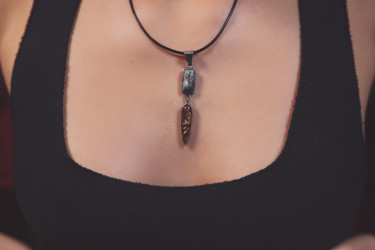 Old Cut Turquoise, High Grade Golden Rutile Tooth - Sterling Silver Pendant - Oxidized and Brush Texture