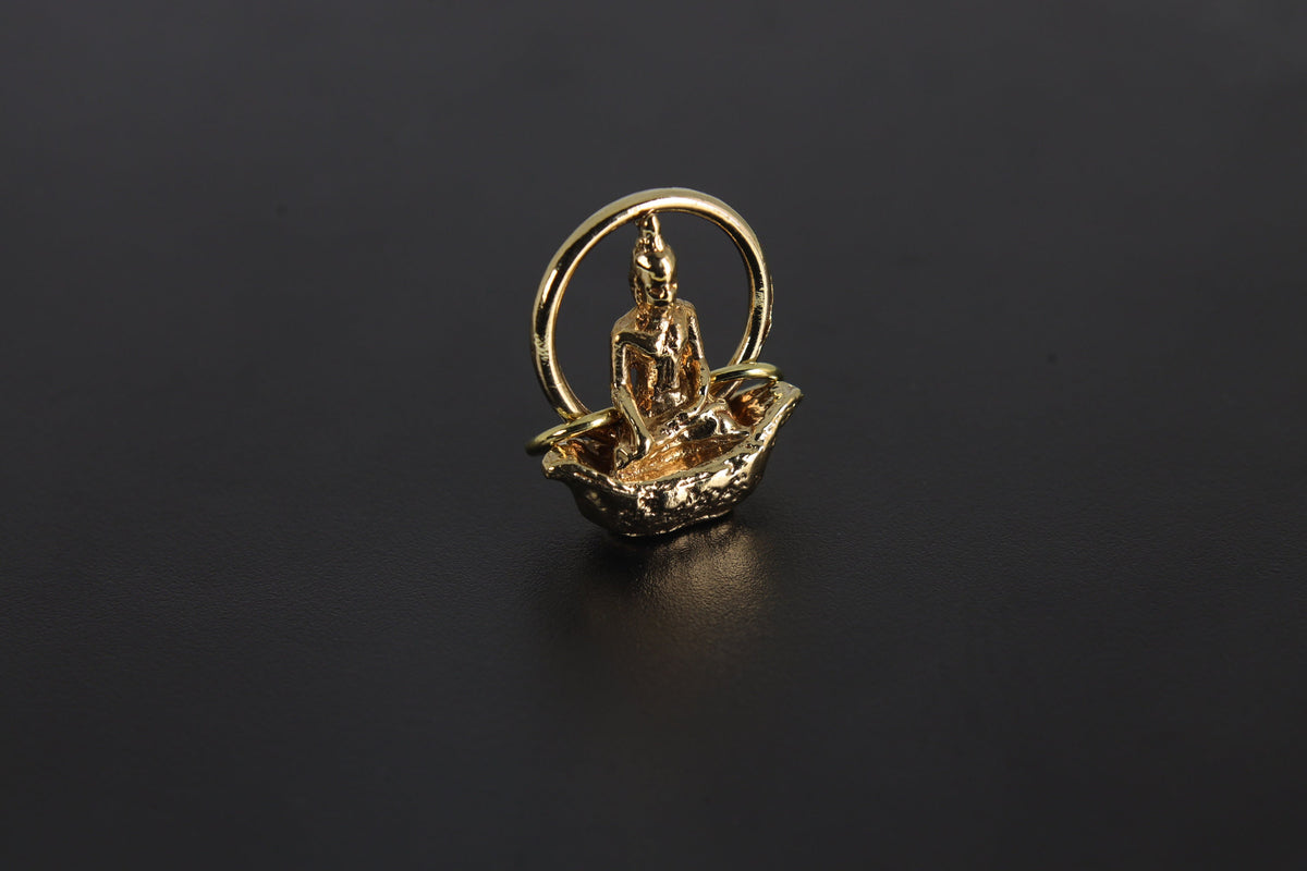 Cast Pendant with Buddha Sitting on Boat Talisman, Gold Plated Brass Charm, Inner Peace & Prosperity, Buddhist Spiritual Jewelry