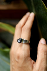 Black Tourmaline Ring - Hammered Band - 925 Sterling Silver Setting - Unisex - High Shine Polish - Size 6 US - NO/04