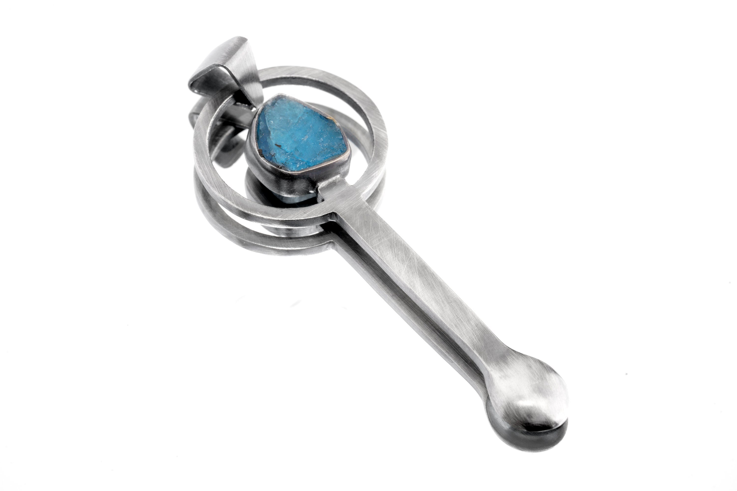 Blue Apatite - Spice / Ceremonial Spoon - 925 Cast Silver - Unique Brushed Texture - Crystal Pendant Necklace