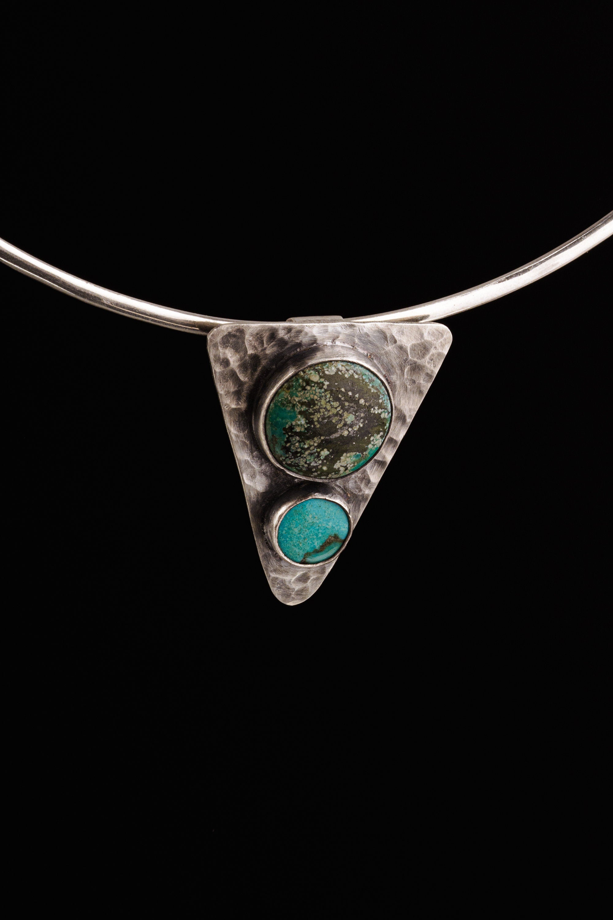 Turquoise Triangle Pendant, 925 Sterling Silver, Hammered Texture, Oxidized Finish, Calming Throat Chakra, Unique Gift - NO/02