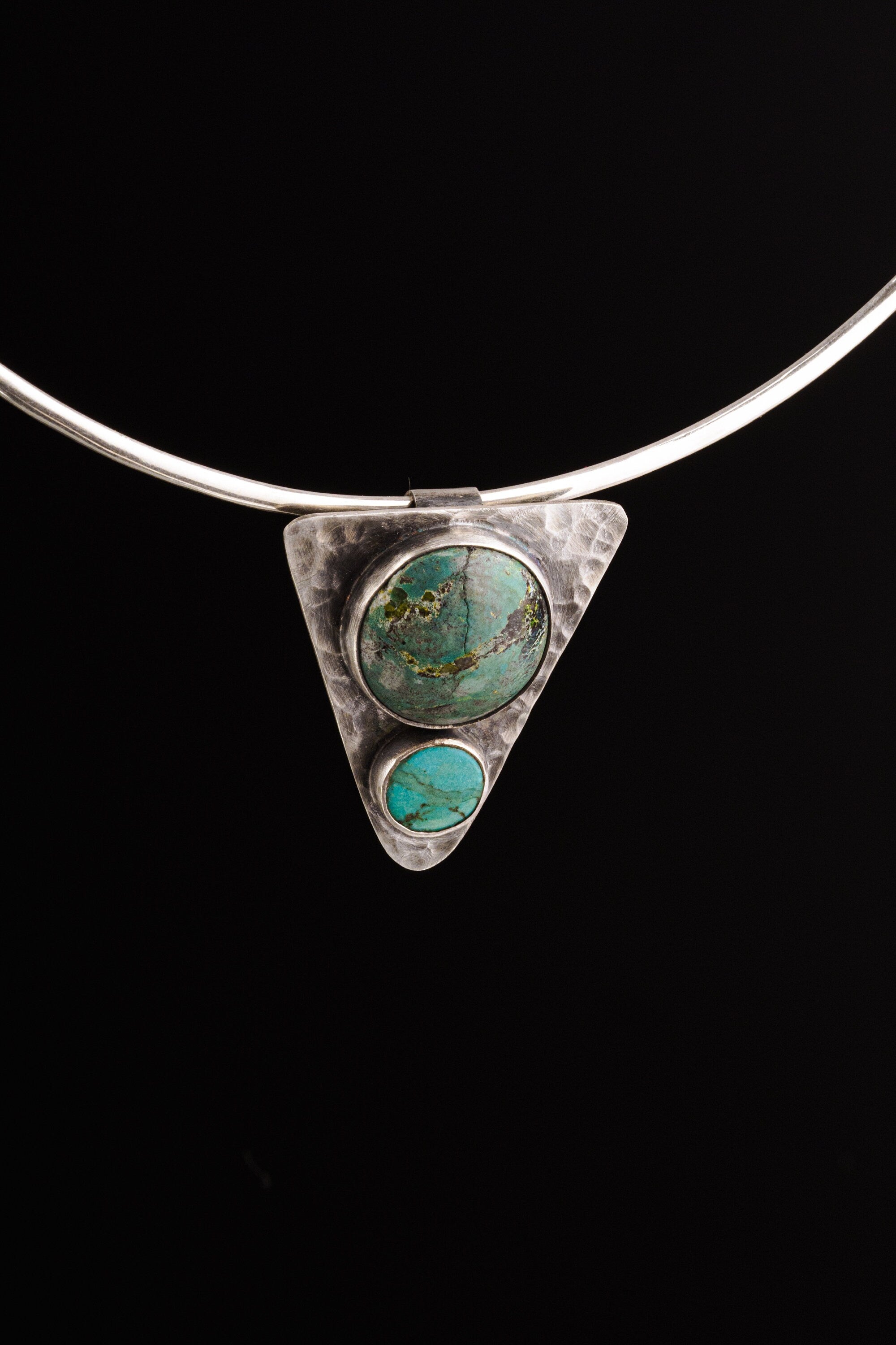 Turquoise Triangle Pendant, 925 Sterling Silver, Hammered Texture, Oxidized Finish, Calming Throat Chakra, Unique Gift - NO/01