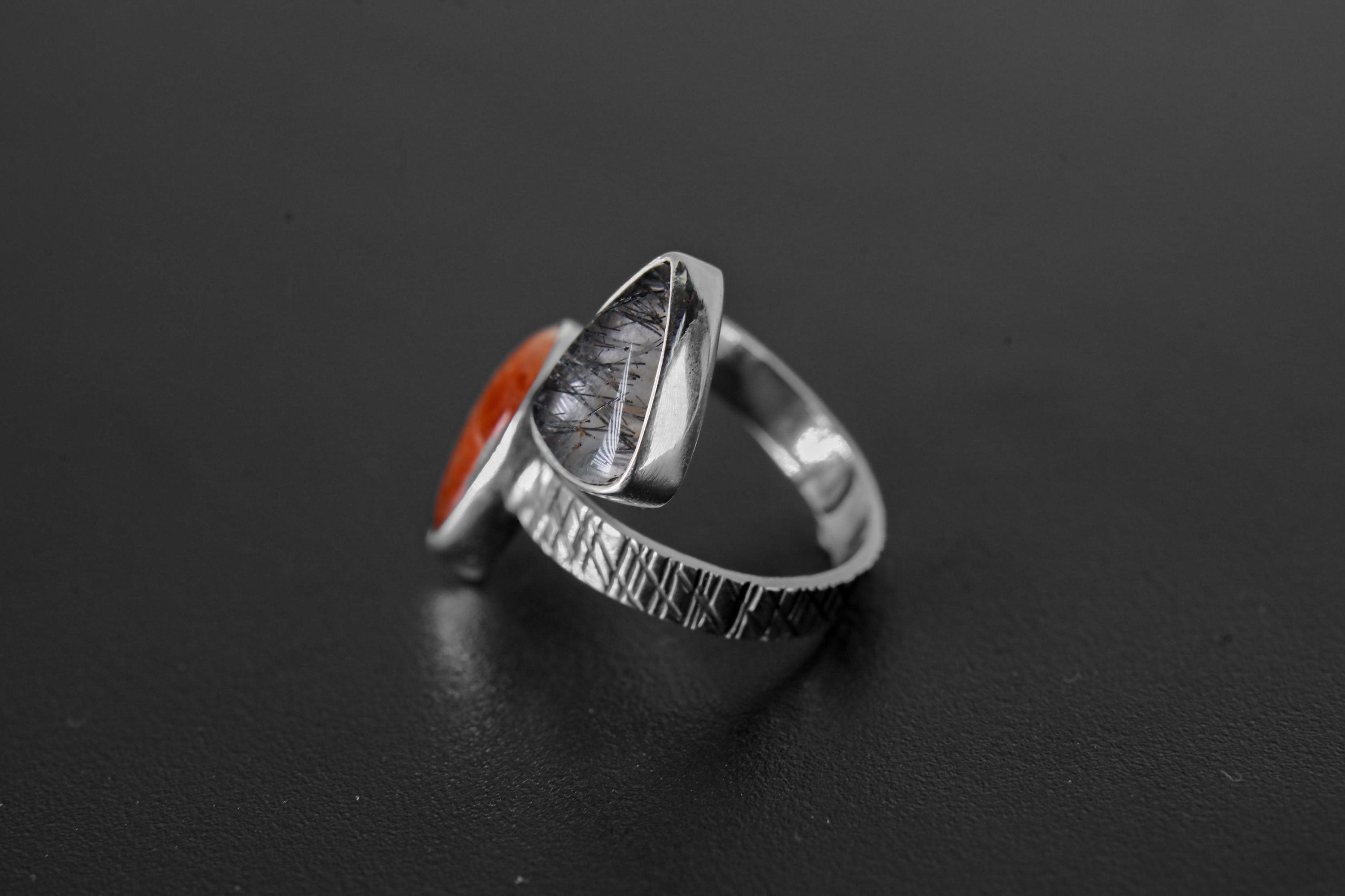 Black Rutile Quartz & Sunstone Teardrop - 925 Sterling Silver - Double Stone - Textured, High Shine Polish - Adjustable Open Ring Band