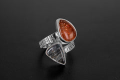 Black Rutile Quartz & Sunstone Teardrop - 925 Sterling Silver - Double Stone - Textured, High Shine Polish - Adjustable Open Ring Band