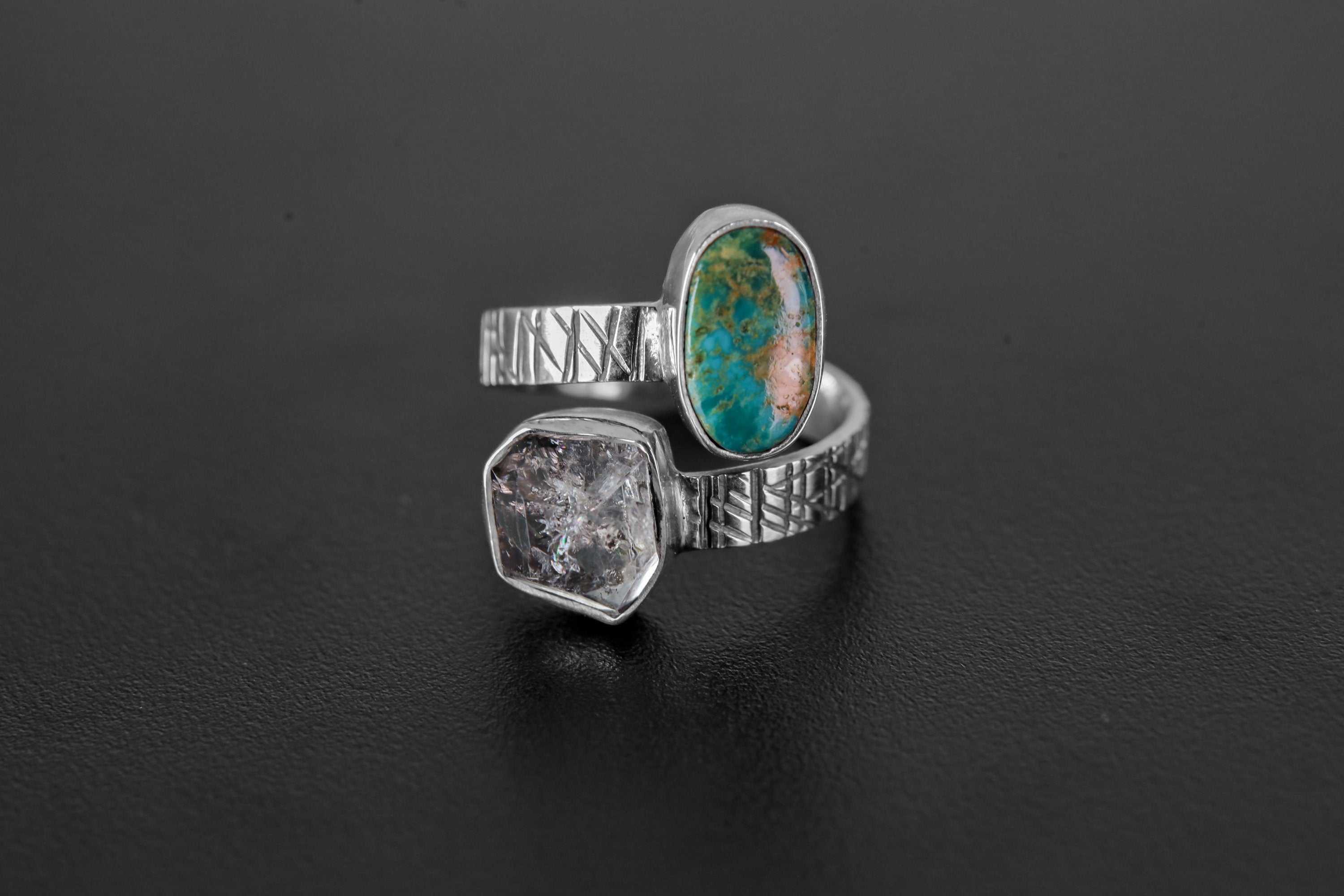 Herkimer diamond sleeping Beauty turquoise - 925 Sterling Silver - Double Stone - Textured, High Shine Polish - Adjustable Open Ring Band